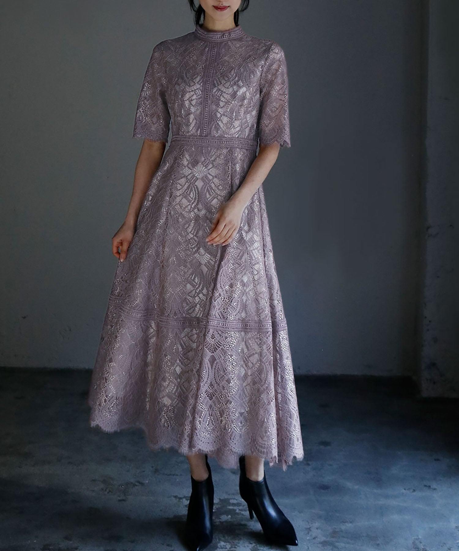 ガール GIRL プチハイネックレース切替ハイウエストミモレ丈ワンピースドレス,ラベンダー