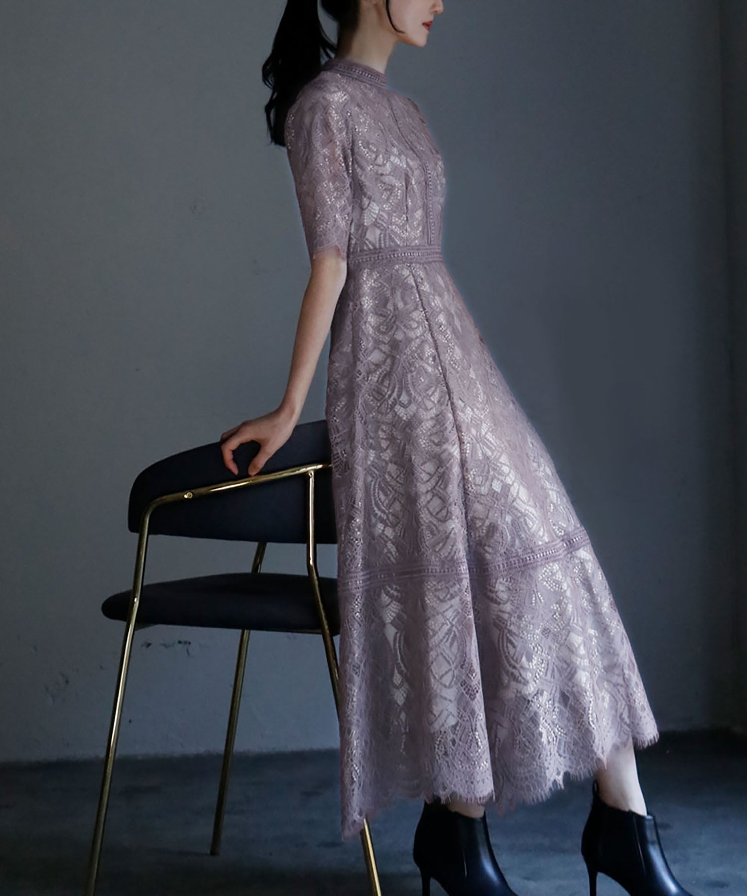 ガール GIRL プチハイネックレース切替ハイウエストミモレ丈ワンピースドレス