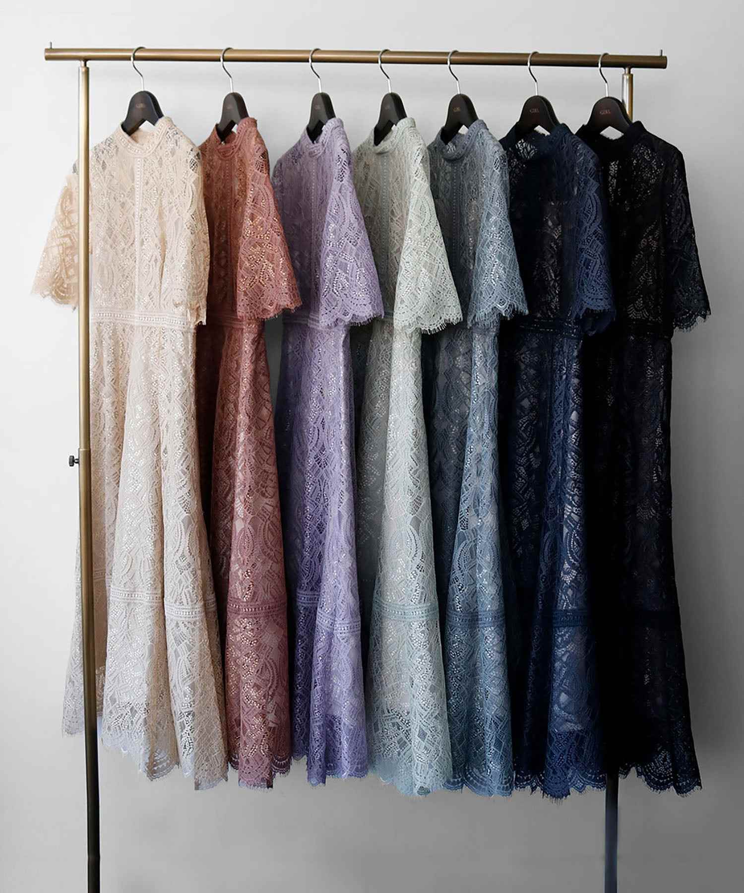 ガール GIRL プチハイネックレース切替ハイウエストミモレ丈ワンピースドレス