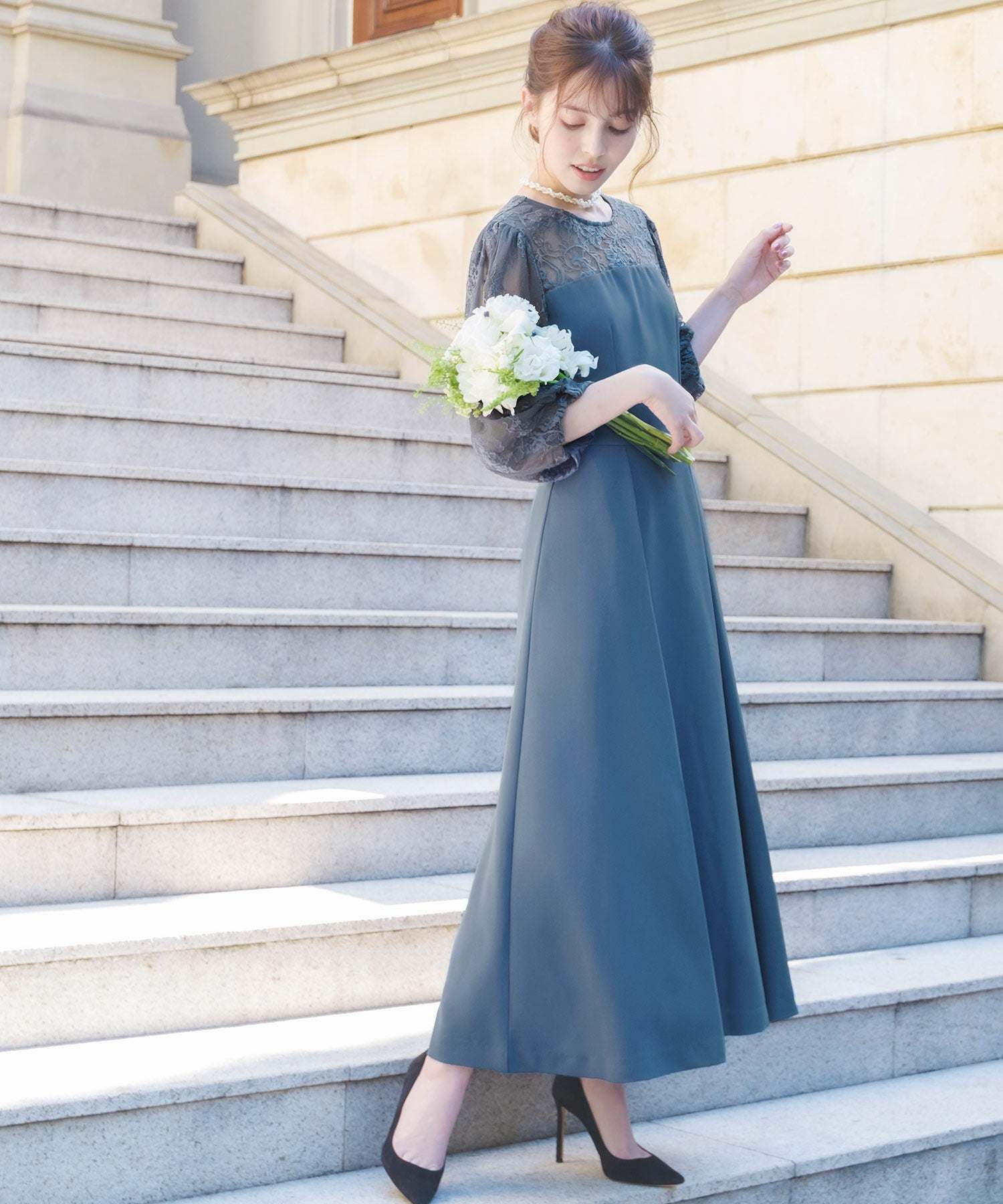 ガール GIRL レース切替ビスチェ風パフスリーブフレア結婚式パーティードレス
