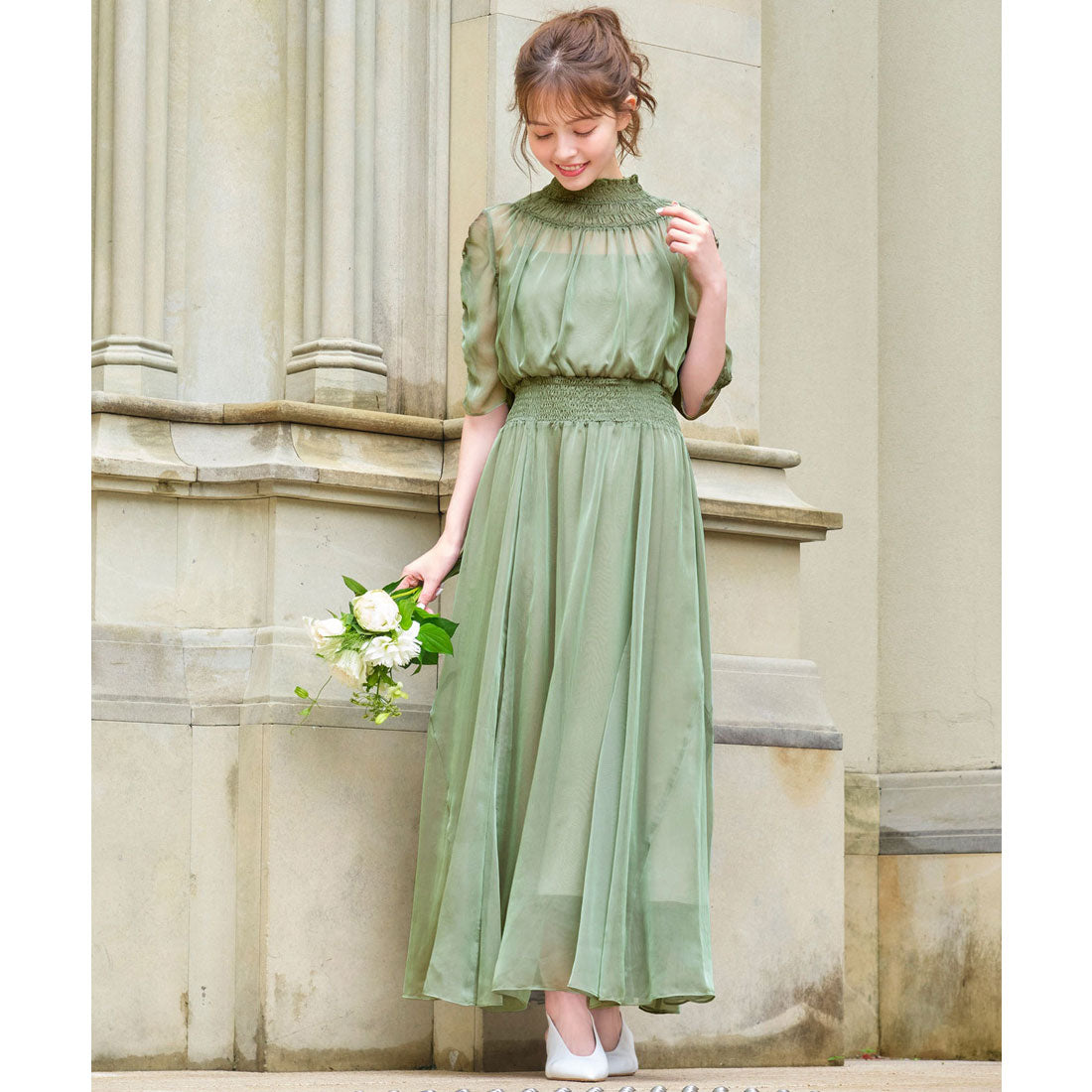 ガール GIRL シフォンシャーリングハイネックフレアロング丈結婚式ワンピースドレス