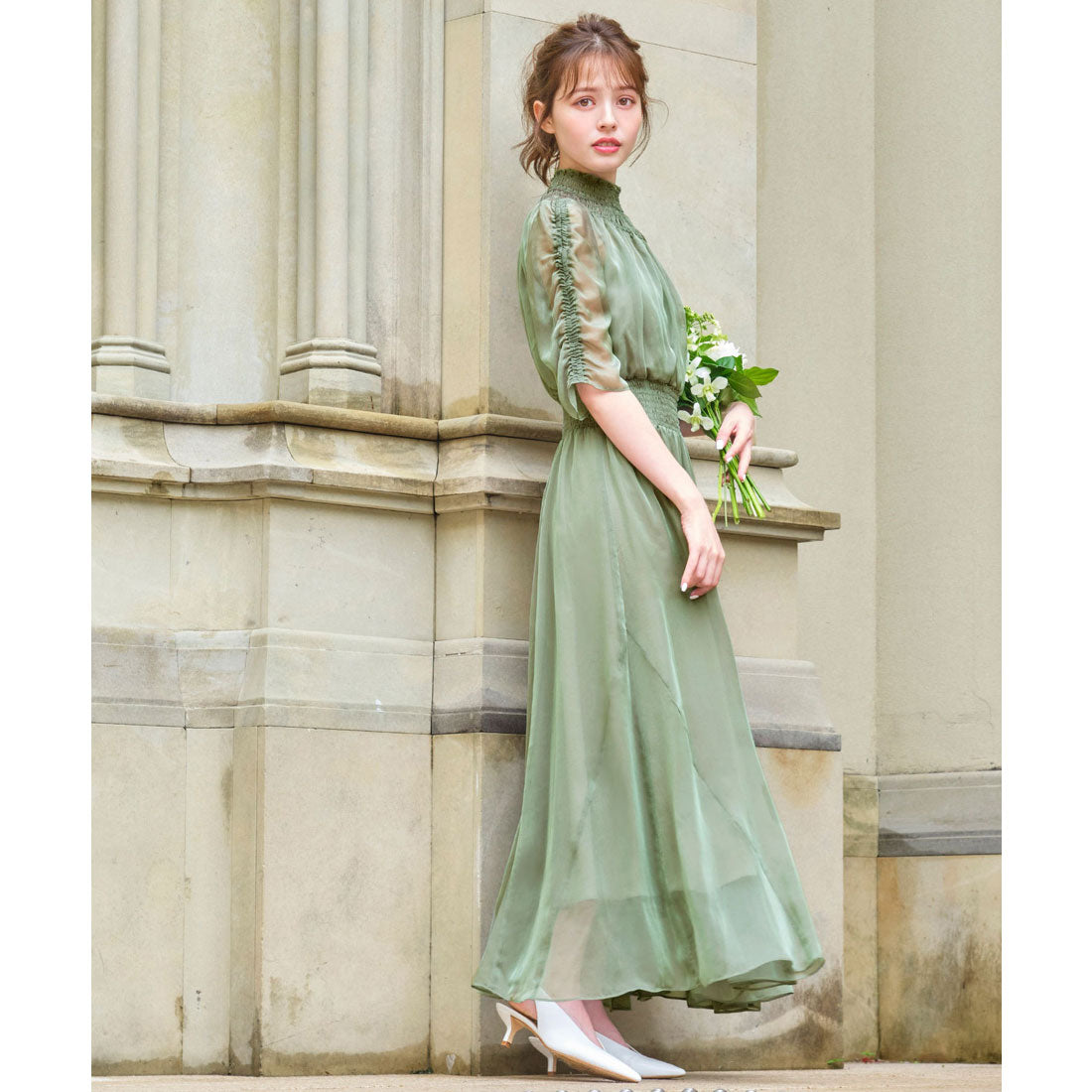 ガール GIRL シフォンシャーリングハイネックフレアロング丈結婚式ワンピースドレス