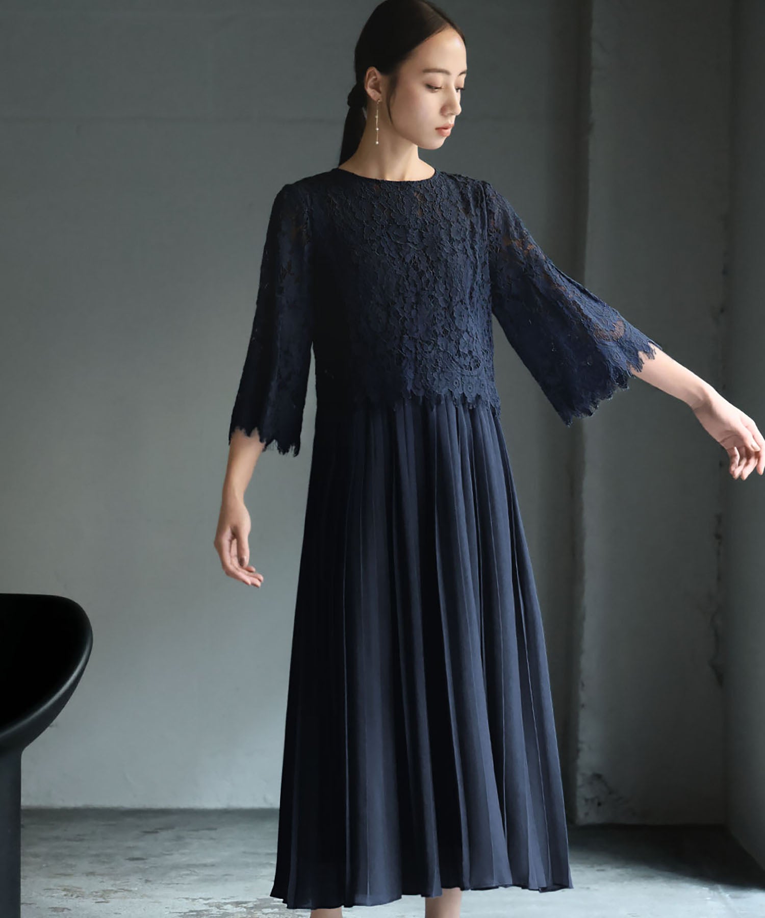 ガール GIRL レースブラウス＆プリーツスカートドッキング結婚式ワンピースドレス