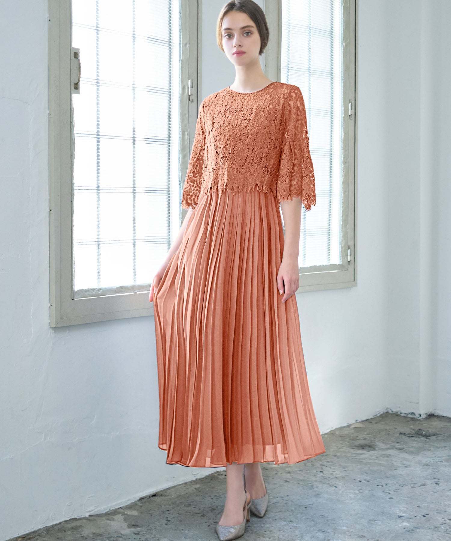 ガール GIRL レースブラウス＆プリーツスカートドッキング結婚式ワンピースドレス