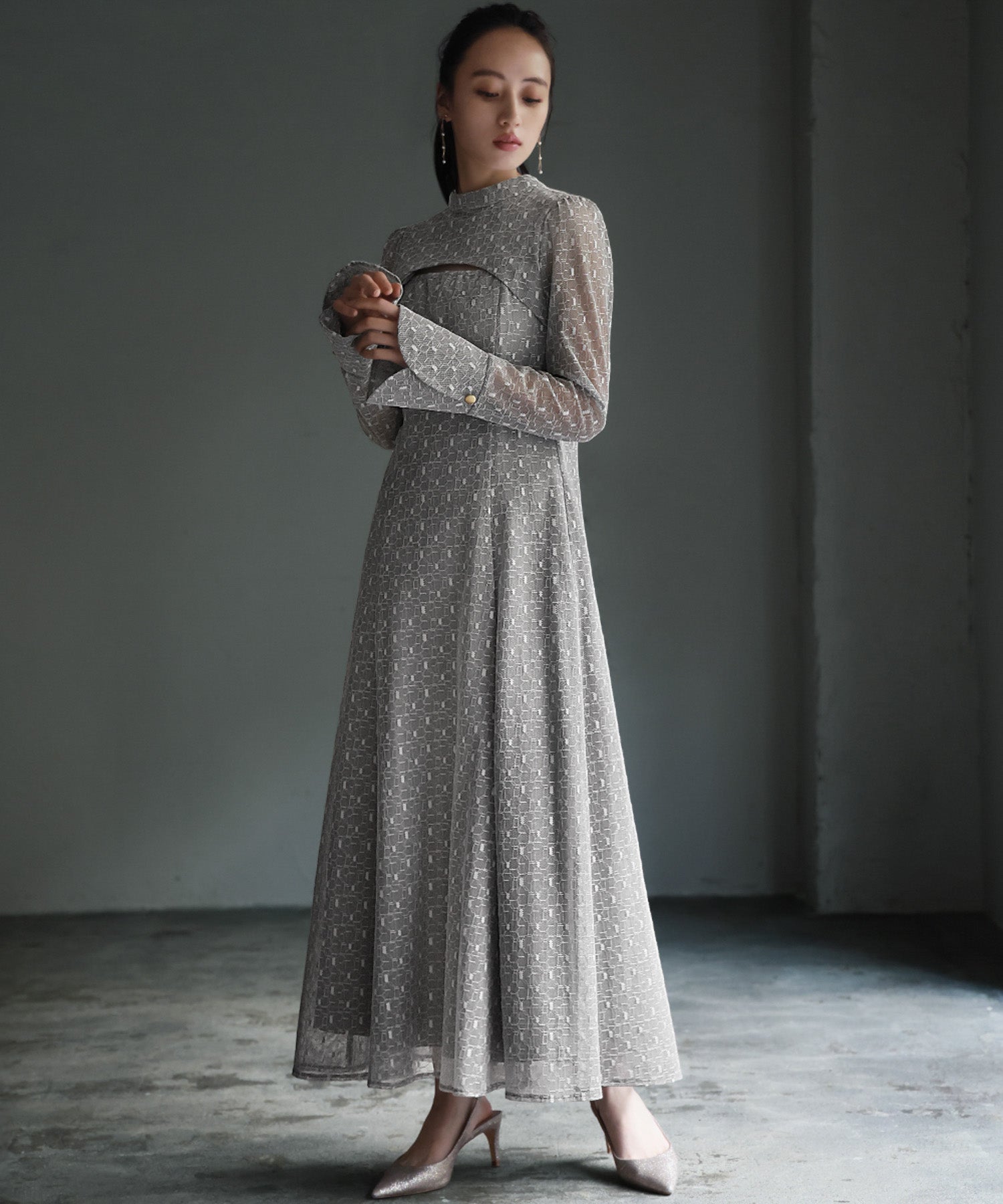 Girl GIRL Back Open Geometric Lace Flare Long Length Wedding Dress Party Dress