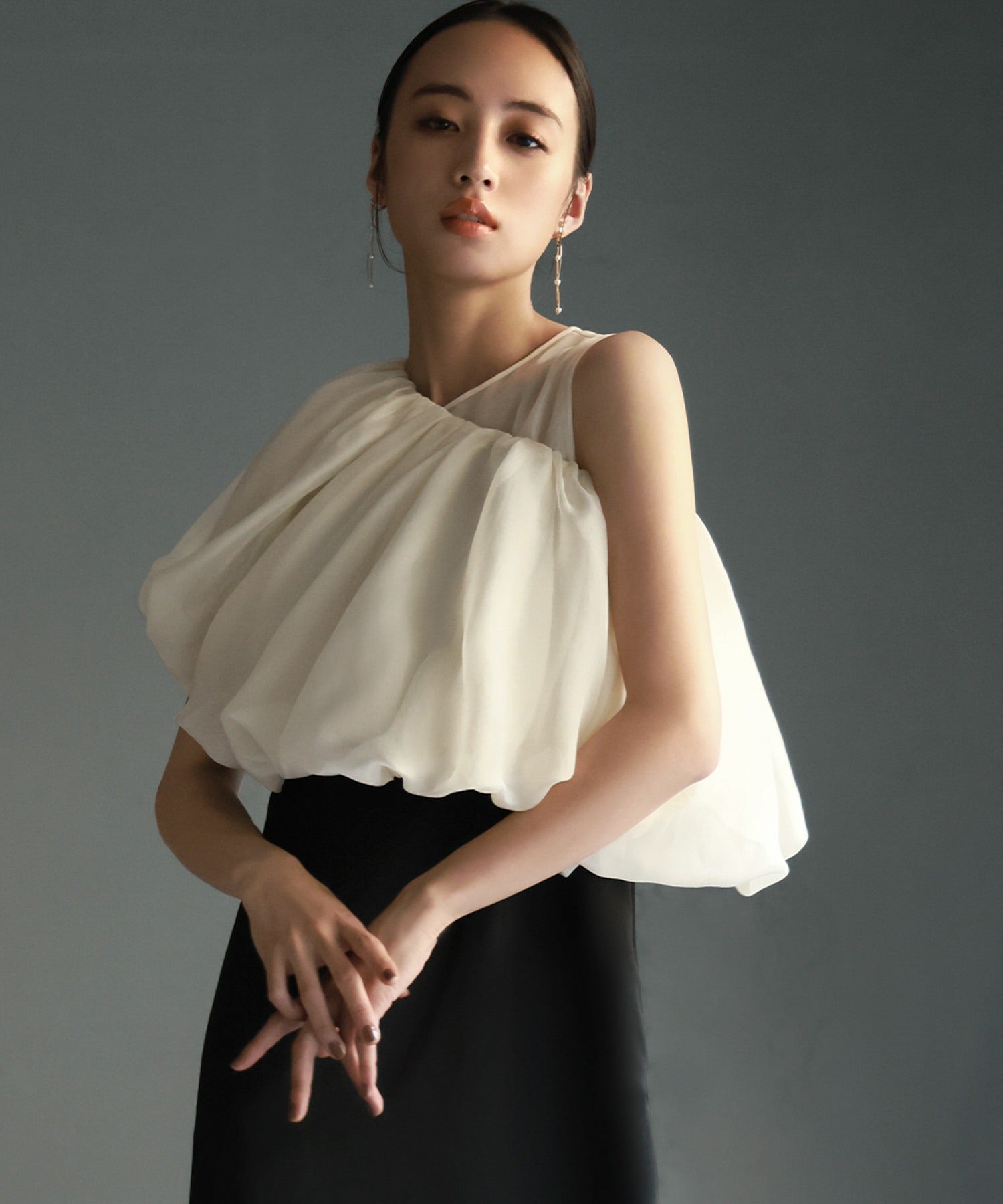 ガール GIRL オーガンジーバルーンヘムトップス・ノースリーブワンピースセットロング結婚式 ワンピース パーティードレス,ブラック