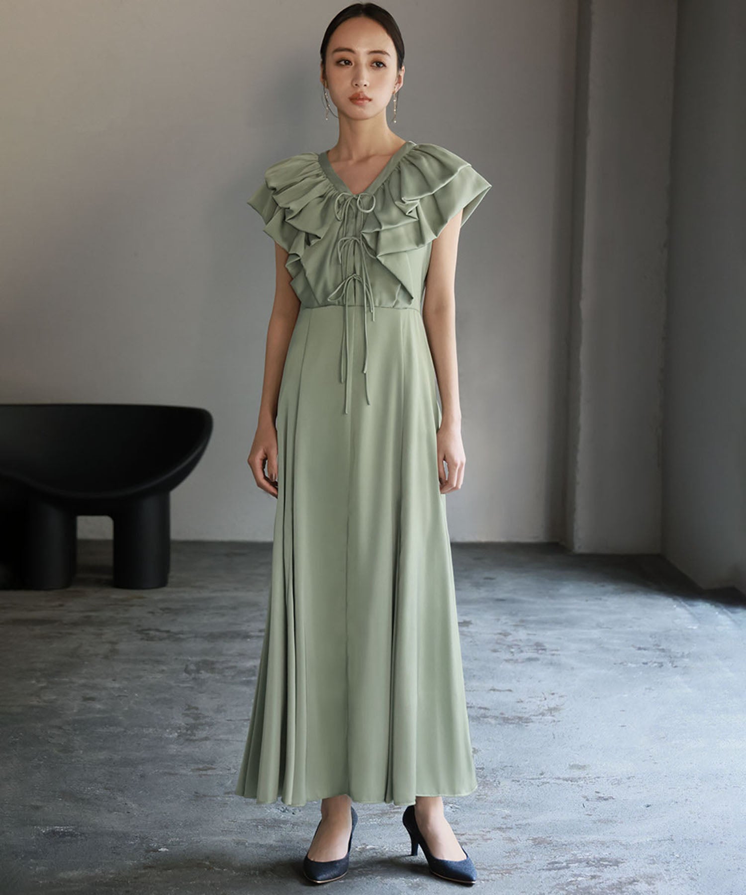 Girl Front Frill V-Neck Flare Long Wedding Dress Party Dress Occasion Dress Invitation Second Party Coming of Age Ceremony Reunion