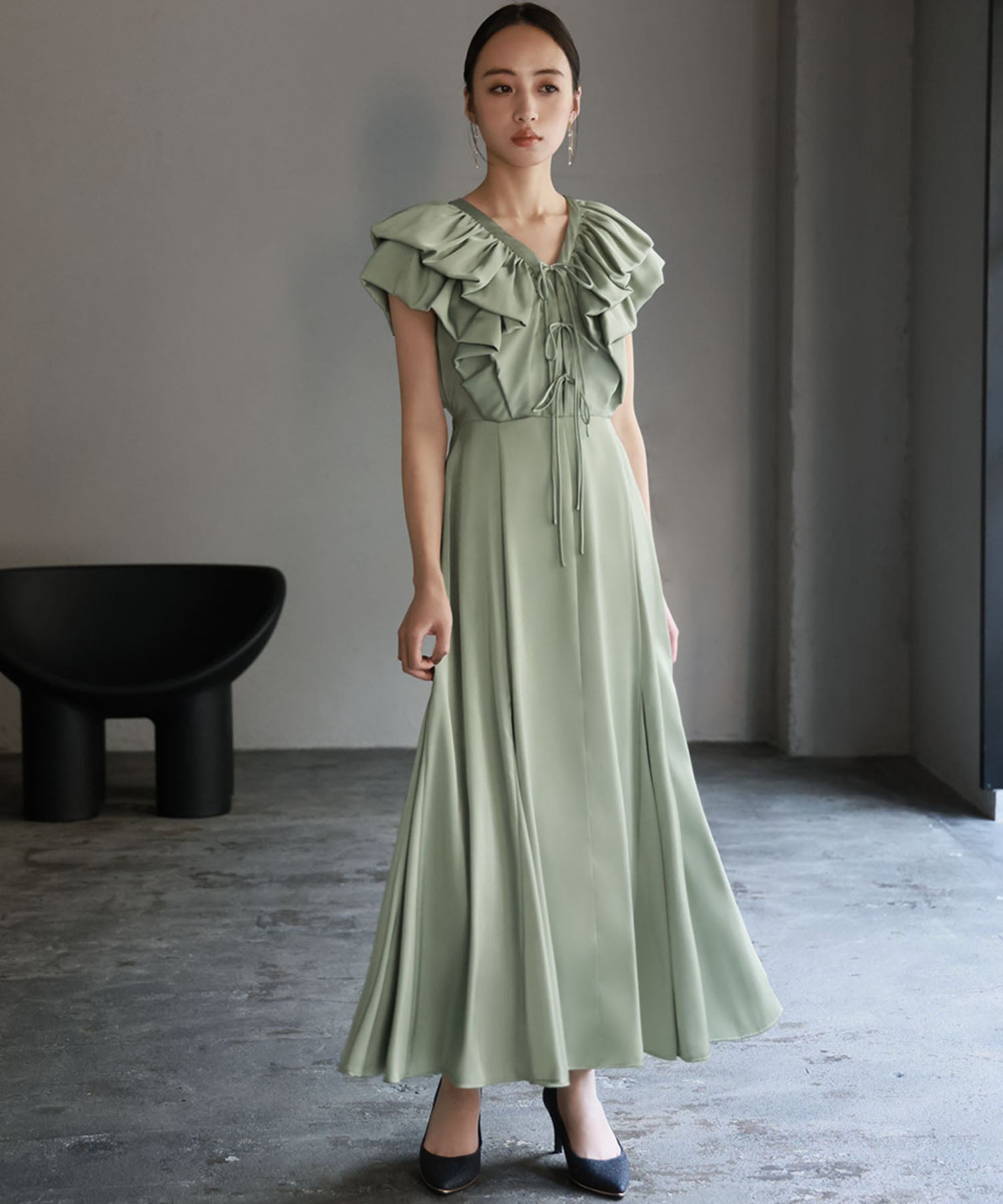 Girl Front Frill V-Neck Flare Long Wedding Dress Party Dress Occasion Dress Invitation Second Party Coming of Age Ceremony Reunion
