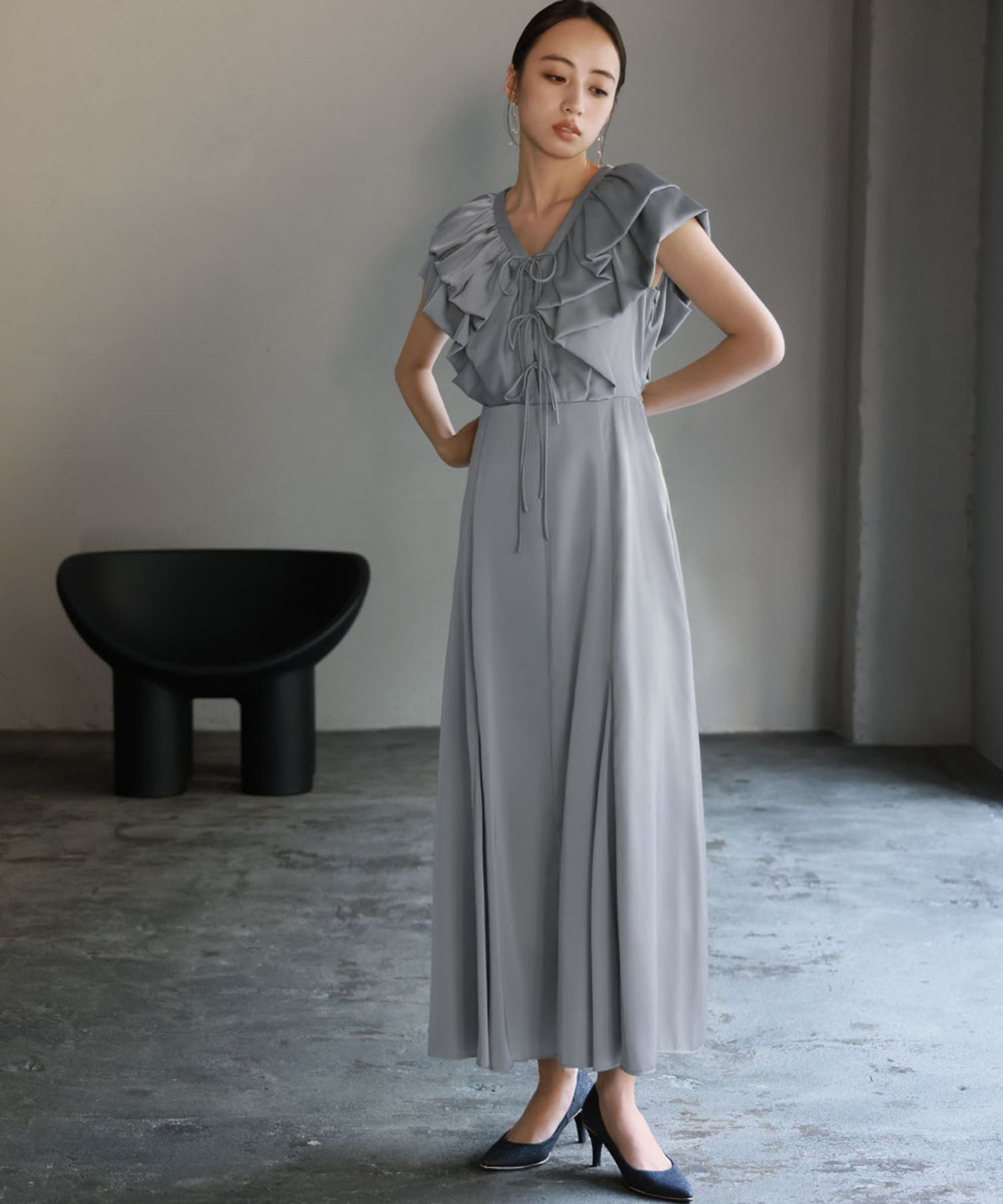 Girl Front Frill V-Neck Flare Long Wedding Dress Party Dress Occasion Dress Invitation Second Party Coming of Age Ceremony Reunion