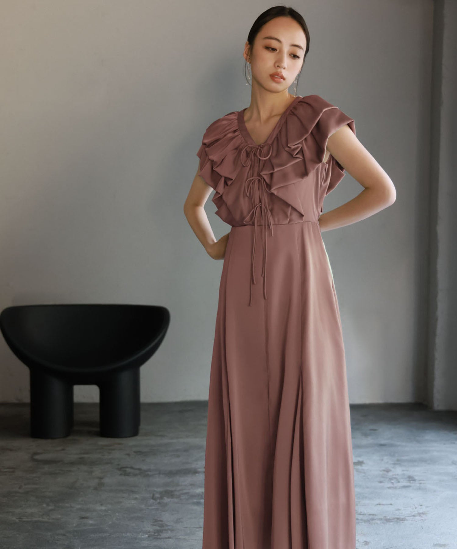 Girl Front Frill V-Neck Flare Long Wedding Dress Party Dress Occasion Dress Invitation Second Party Coming of Age Ceremony Reunion