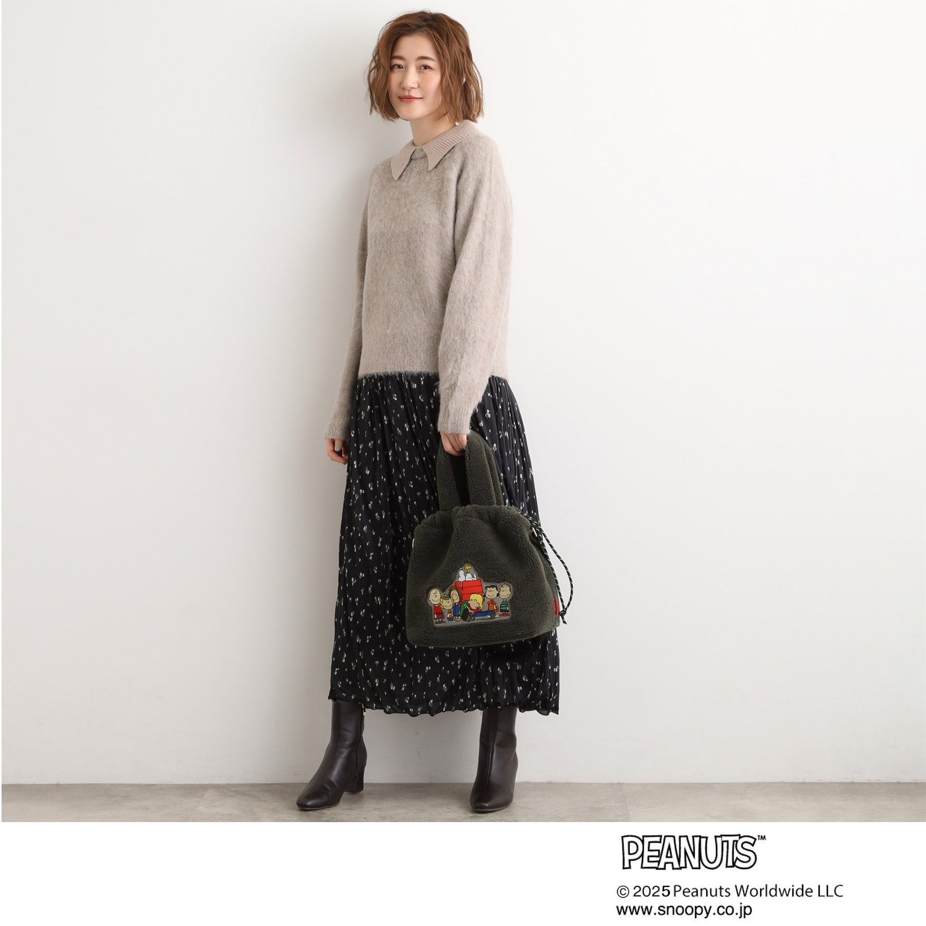 グローブ grove 【PEANUTS】ボア巾着トート （チャコールグレー(014)） チャコールグレー(014)