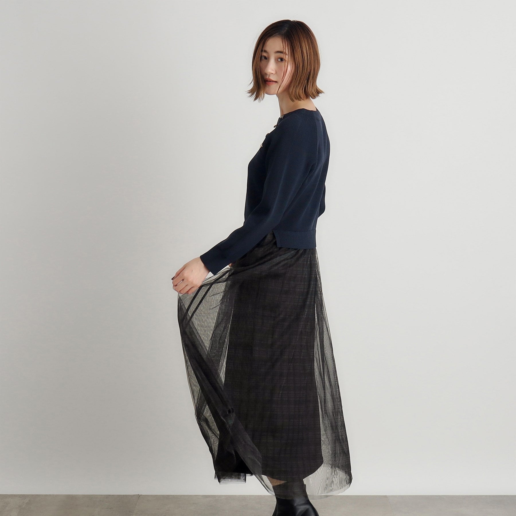 グローブ grove 金ボタン付き片畦チュールドッキングワンピース （ブラック×ブルー(019)） ブラック×ブルー(019)