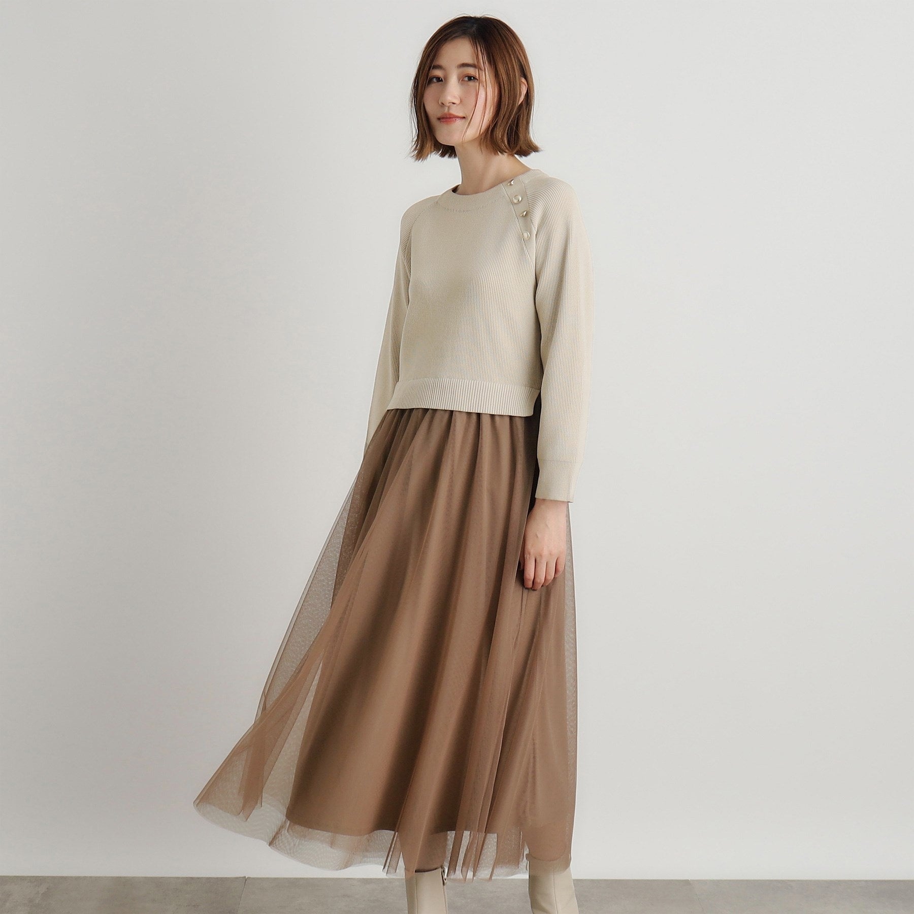 グローブ grove 金ボタン付き片畦チュールドッキングワンピース （アイボリー×ベージュ(003)） アイボリー×ベージュ(003)