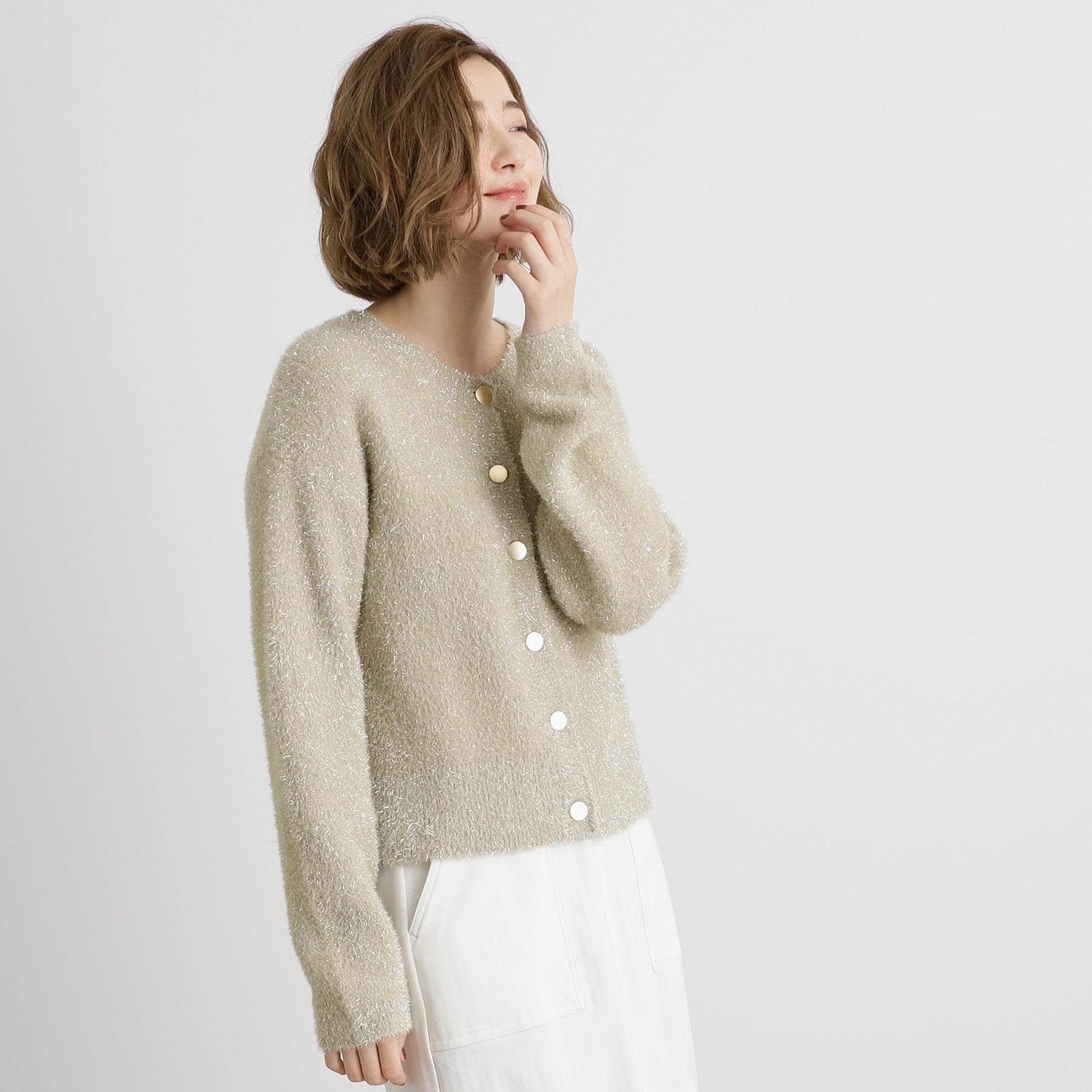 グローブ grove ラメフェザークルーネックカーディガン