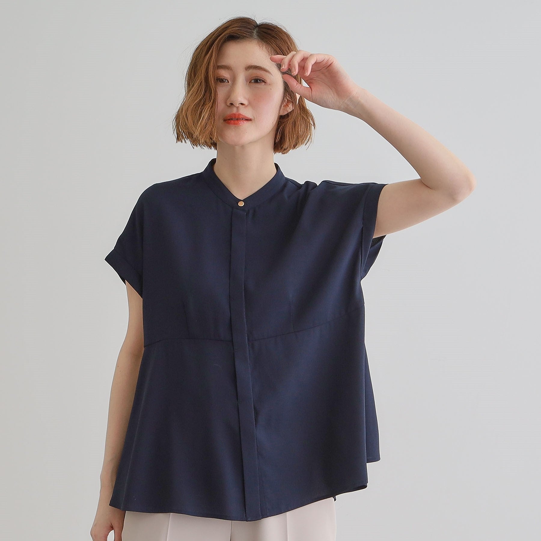 グローブ grove ペプラムシャツブラウス （ネイビー×オフ(393)） ネイビー×オフ(393)