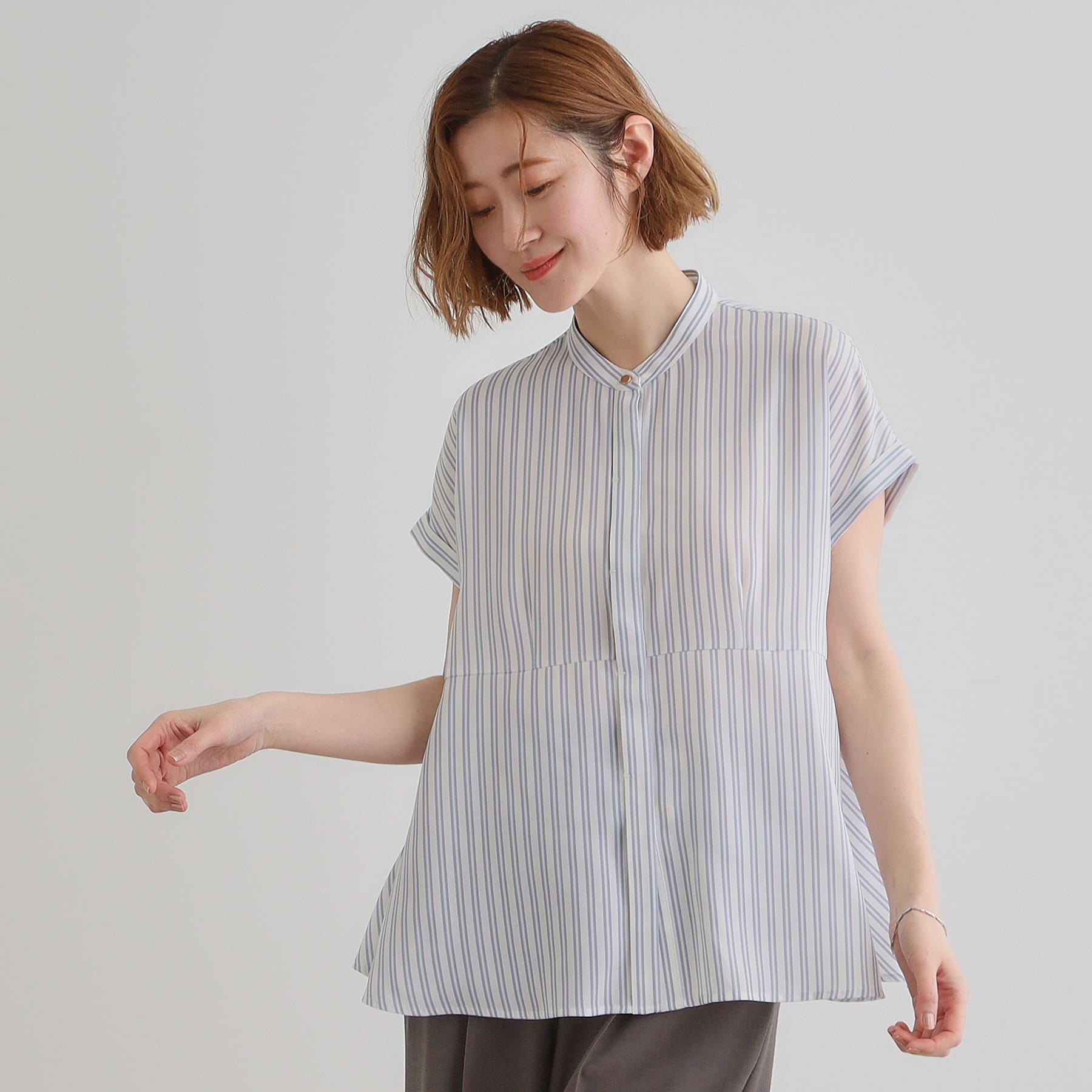 グローブ grove ペプラムシャツブラウス （ネイビー×オフ(393)） ネイビー×オフ(393)