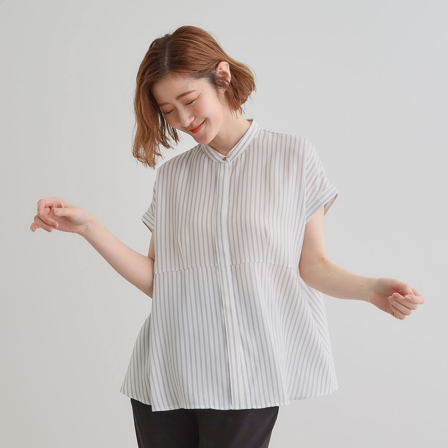 グローブ grove ペプラムシャツブラウス （ネイビー×オフ(393)） ネイビー×オフ(393)