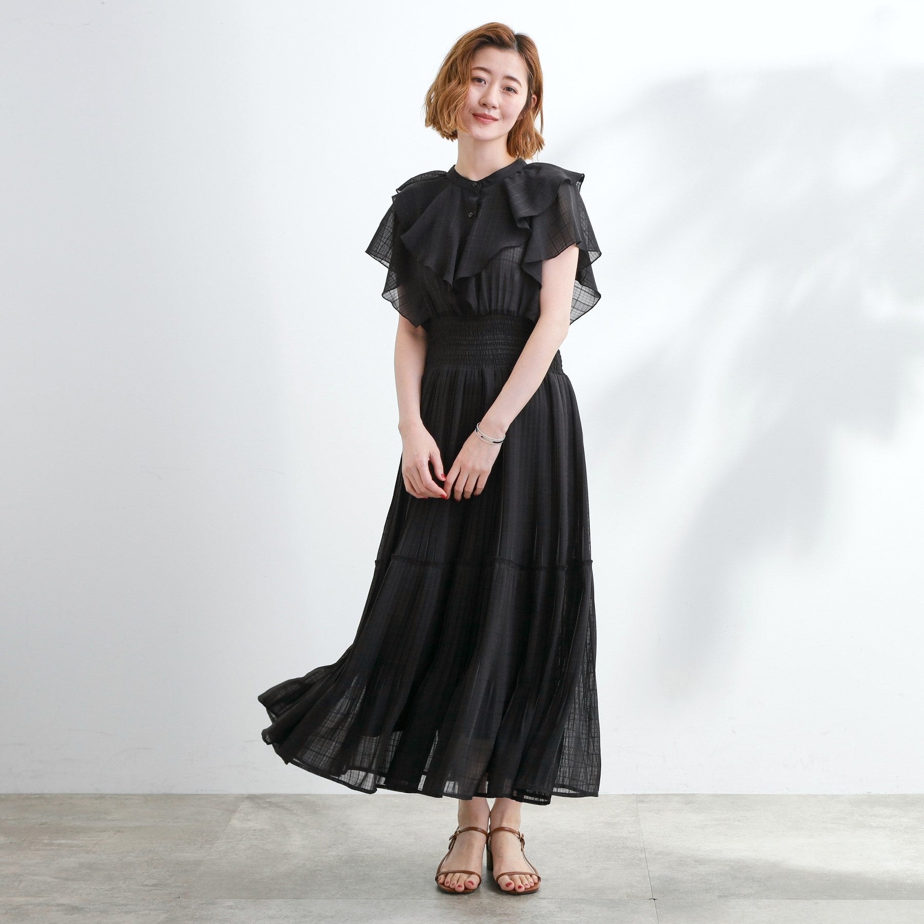 グローブ grove 夏の主役シフォンプリントプリーツワンピース （ブラックチェック(219)） ブラックチェック(219)