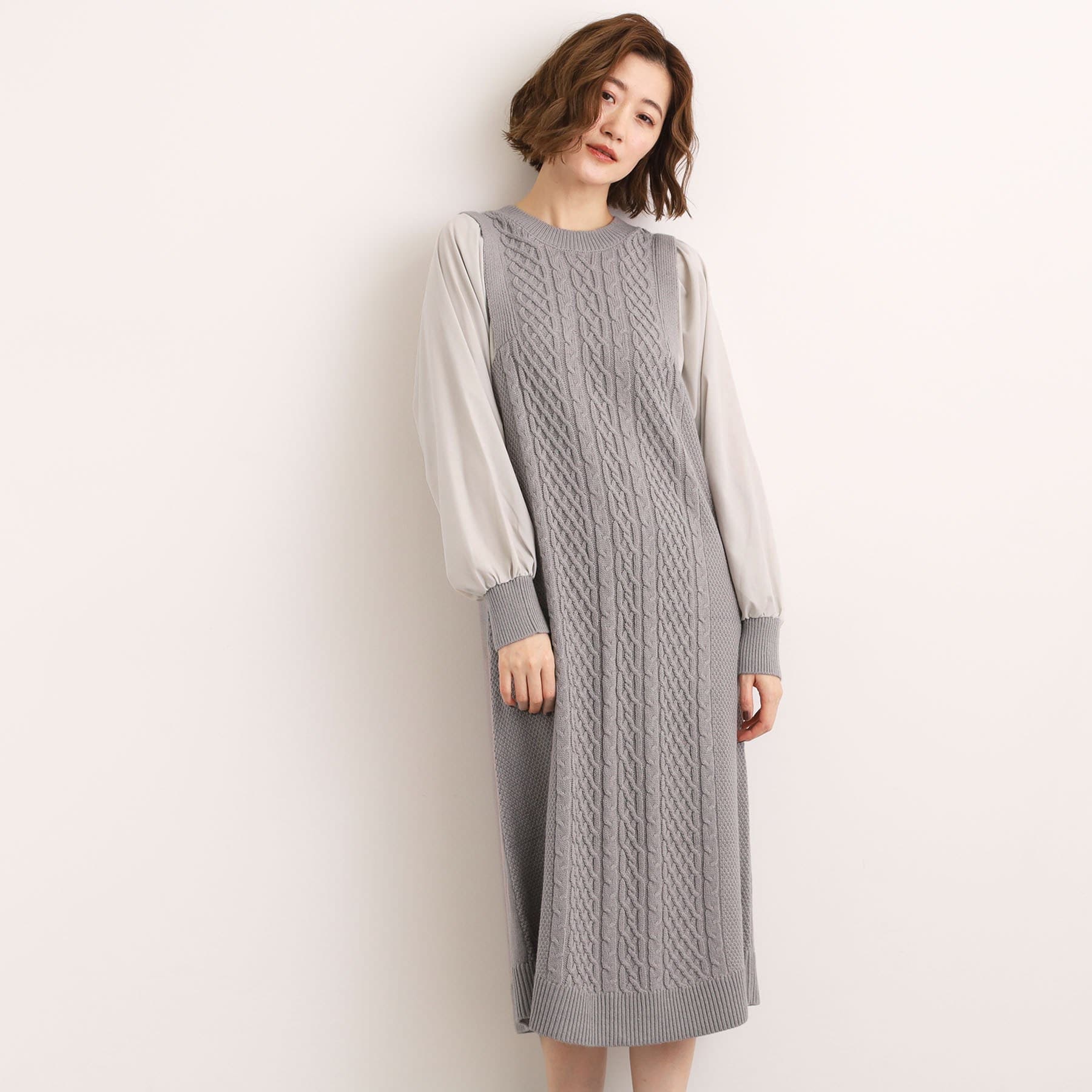 グローブ grove 袖布帛コンビケーブルニットワンピース （グレー(012)） グレー(012)