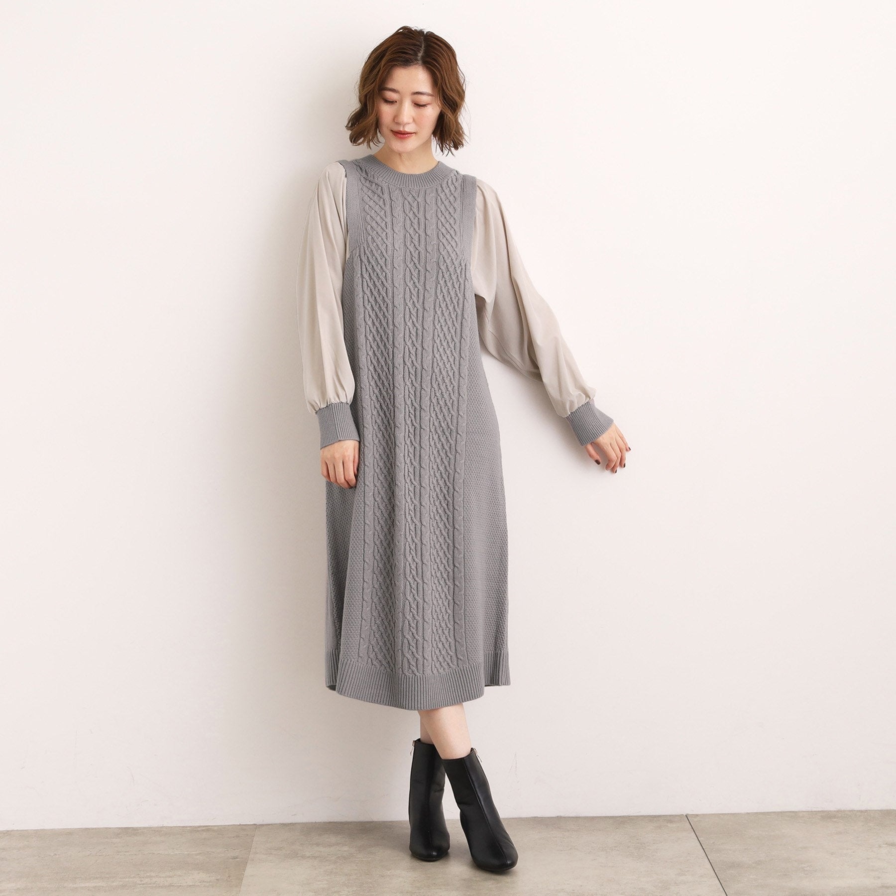 グローブ grove 袖布帛コンビケーブルニットワンピース （グレー(012)） グレー(012)