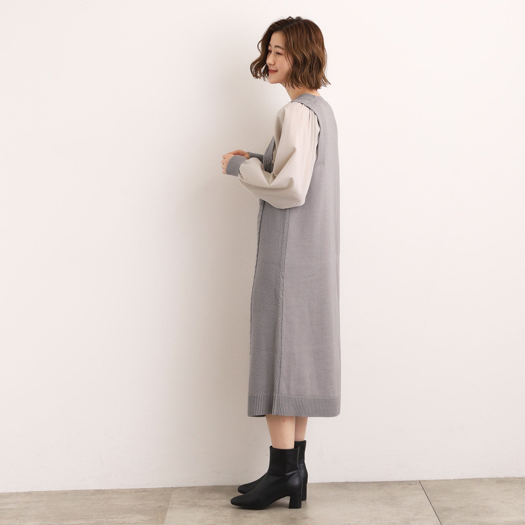 グローブ grove 袖布帛コンビケーブルニットワンピース （グレー(012)） グレー(012)
