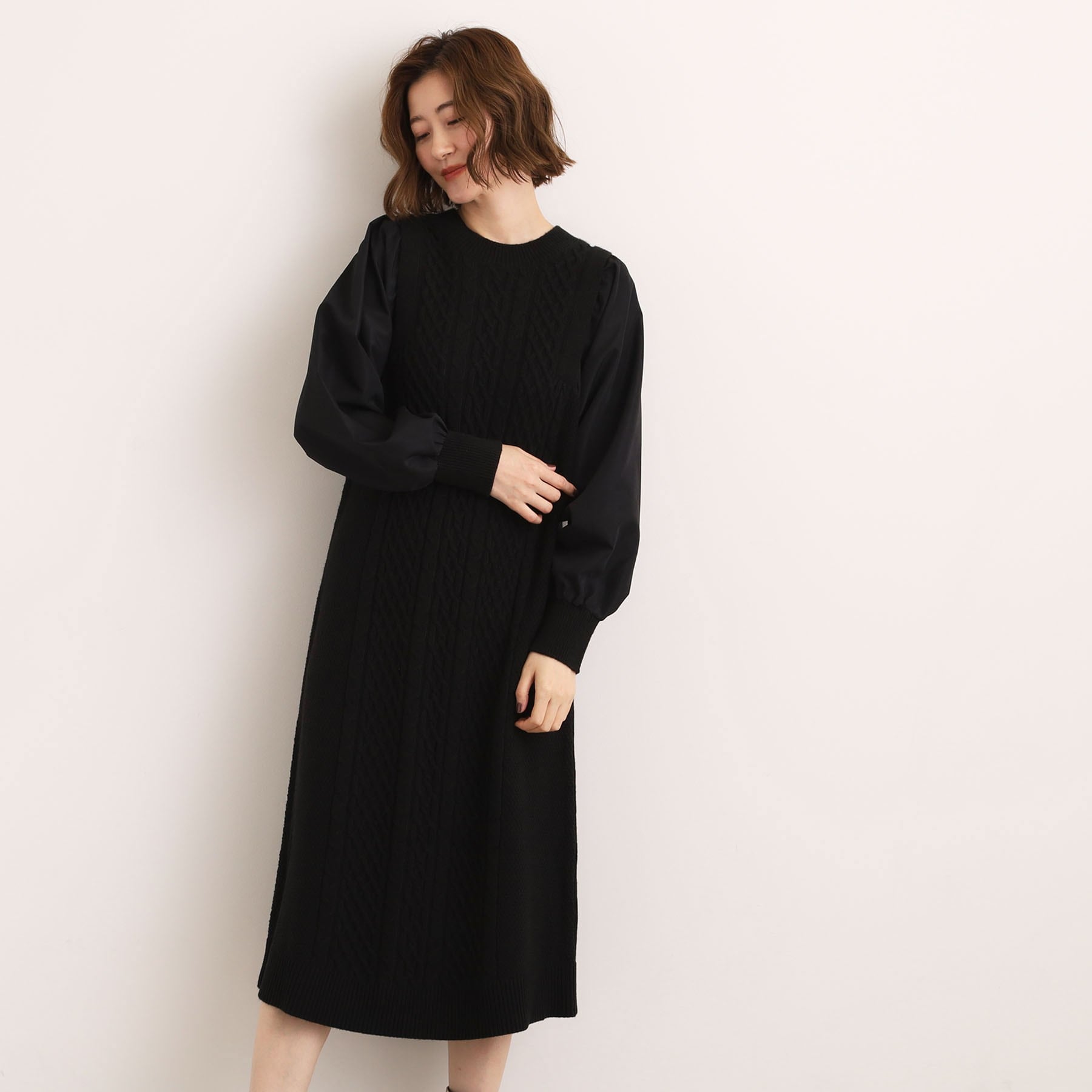 グローブ grove 袖布帛コンビケーブルニットワンピース （グレー(012)） グレー(012)