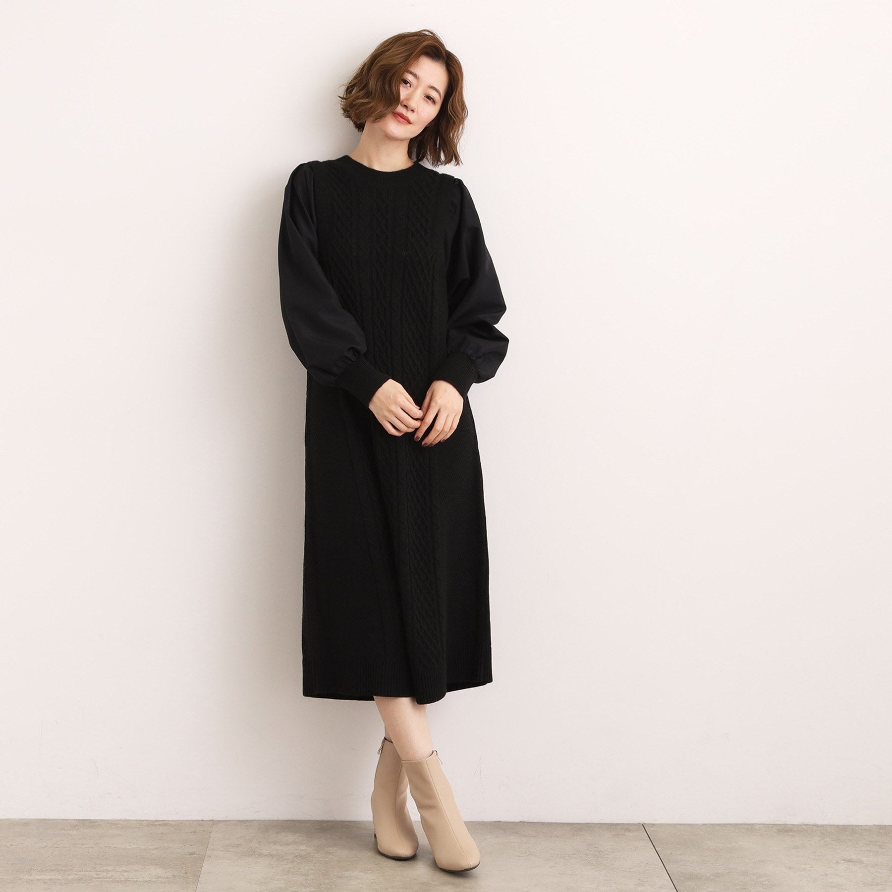 グローブ grove 袖布帛コンビケーブルニットワンピース （グレー(012)） グレー(012)