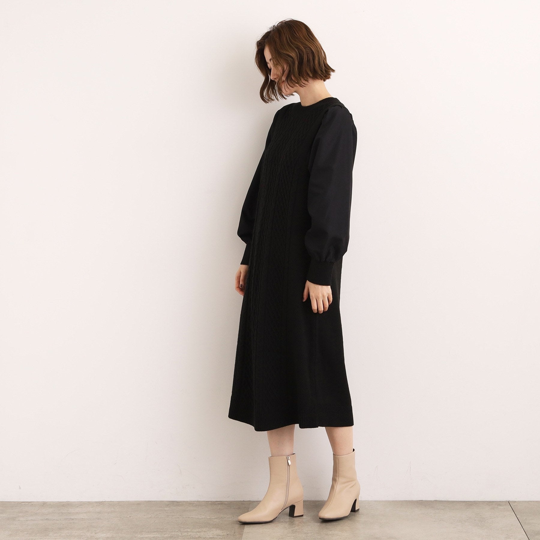 グローブ grove 袖布帛コンビケーブルニットワンピース （グレー(012)） グレー(012)