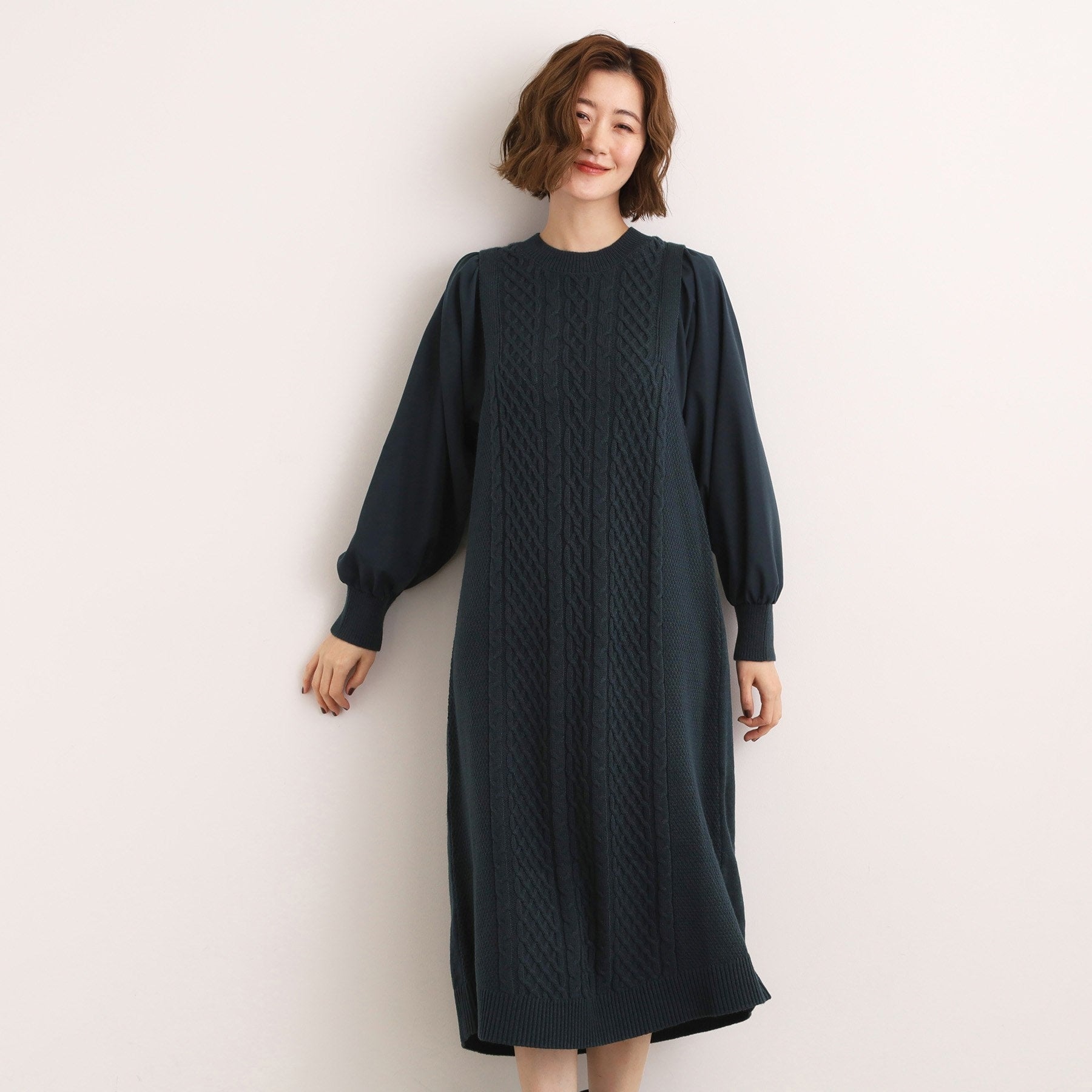 グローブ grove 袖布帛コンビケーブルニットワンピース （グレー(012)） グレー(012)