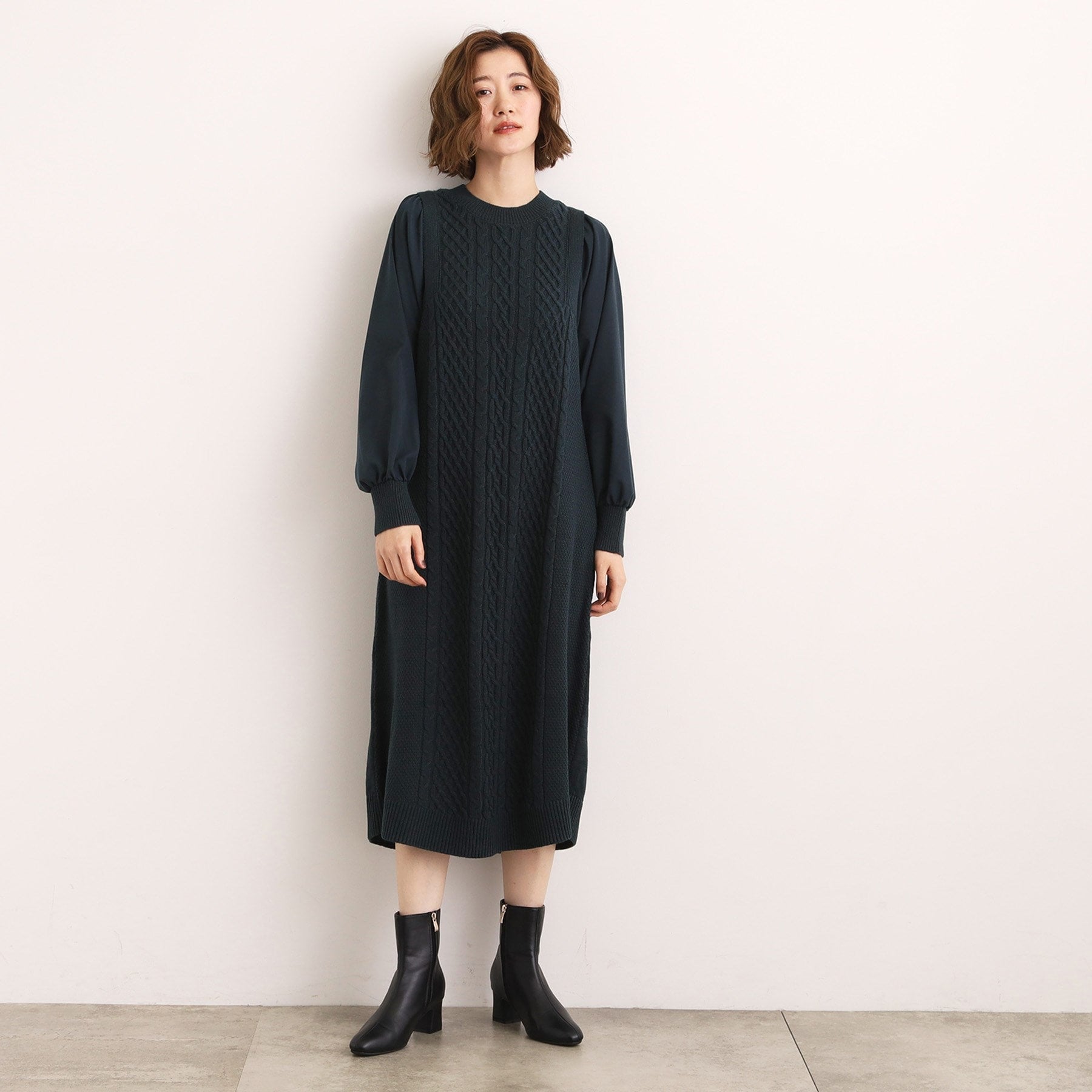 グローブ grove 袖布帛コンビケーブルニットワンピース （グレー(012)） グレー(012)