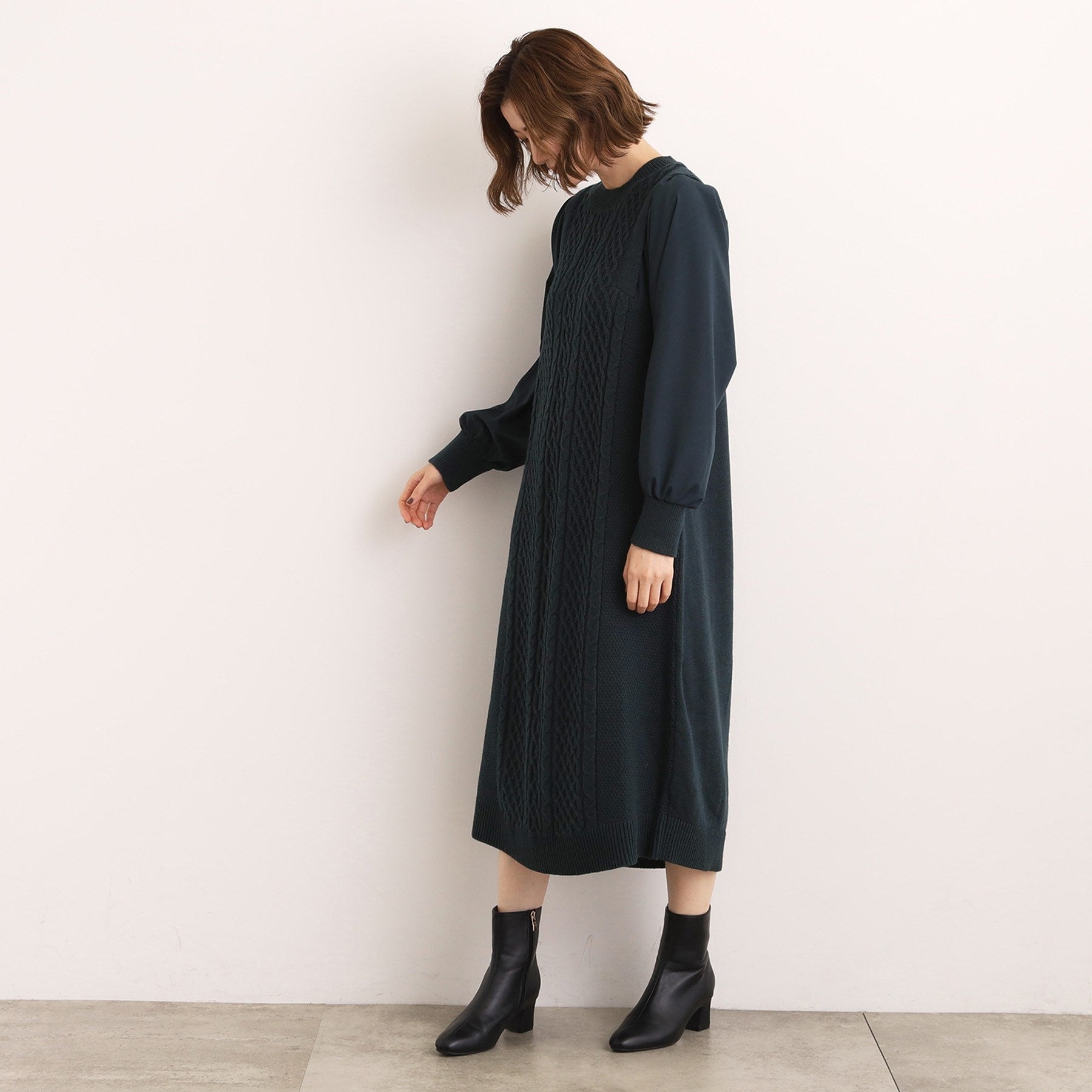 グローブ grove 袖布帛コンビケーブルニットワンピース （グレー(012)） グレー(012)