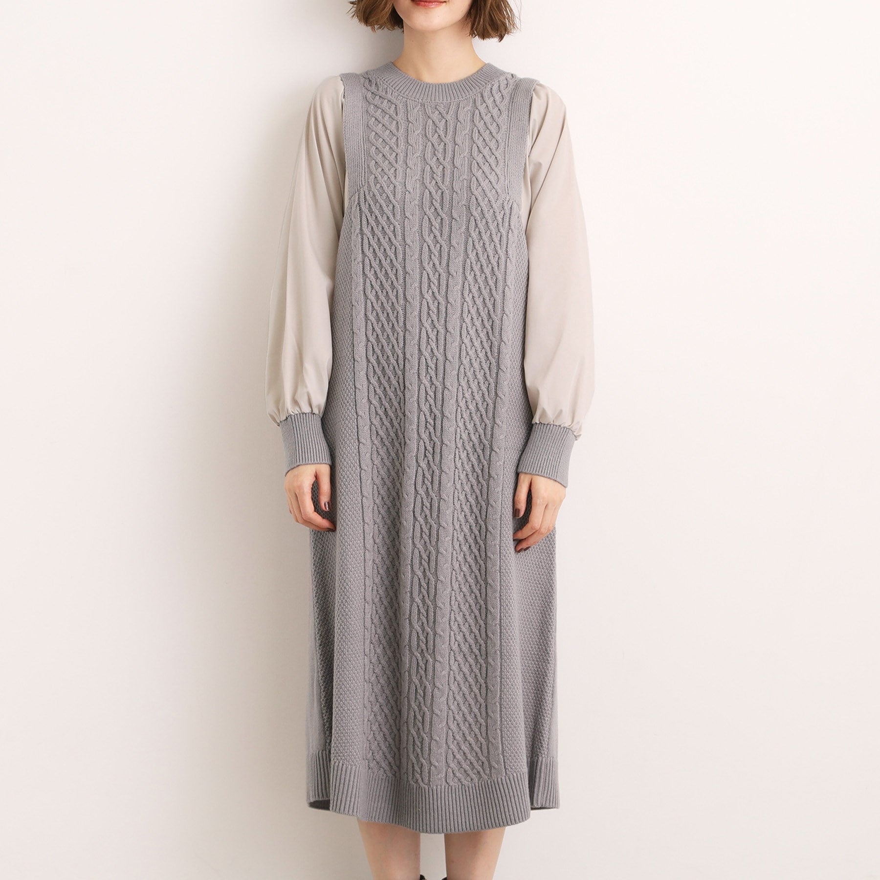 グローブ grove 袖布帛コンビケーブルニットワンピース （グレー(012)） グレー(012)