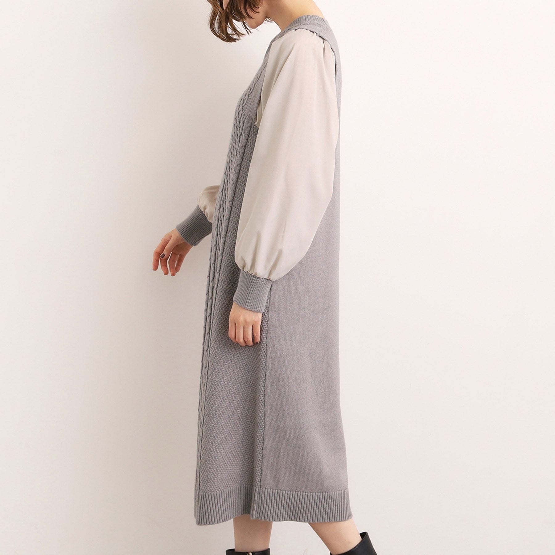 グローブ grove 袖布帛コンビケーブルニットワンピース （グレー(012)） グレー(012)