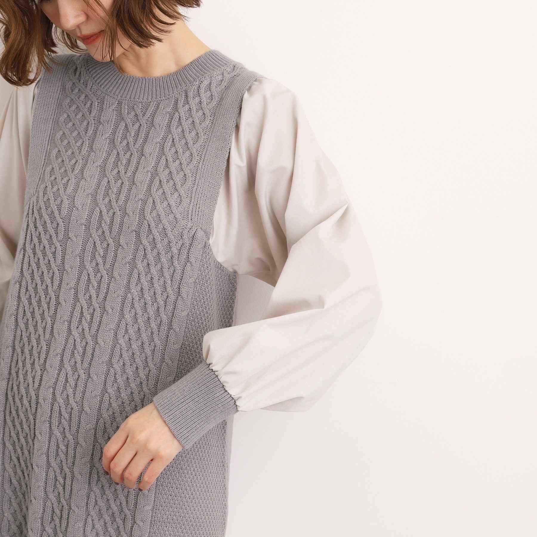 グローブ grove 袖布帛コンビケーブルニットワンピース （グレー(012)） グレー(012)