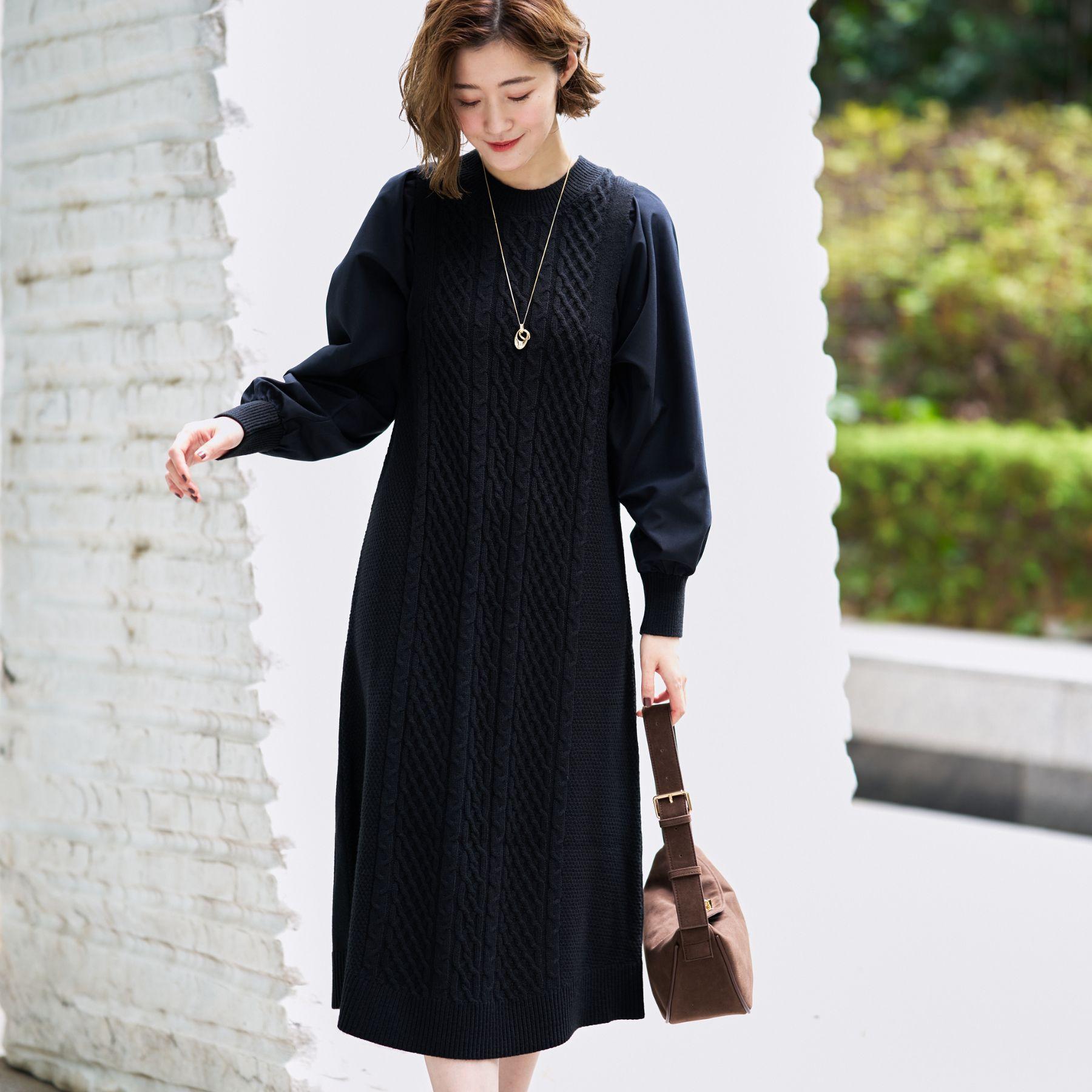 グローブ grove 袖布帛コンビケーブルニットワンピース （グレー(012)） グレー(012)