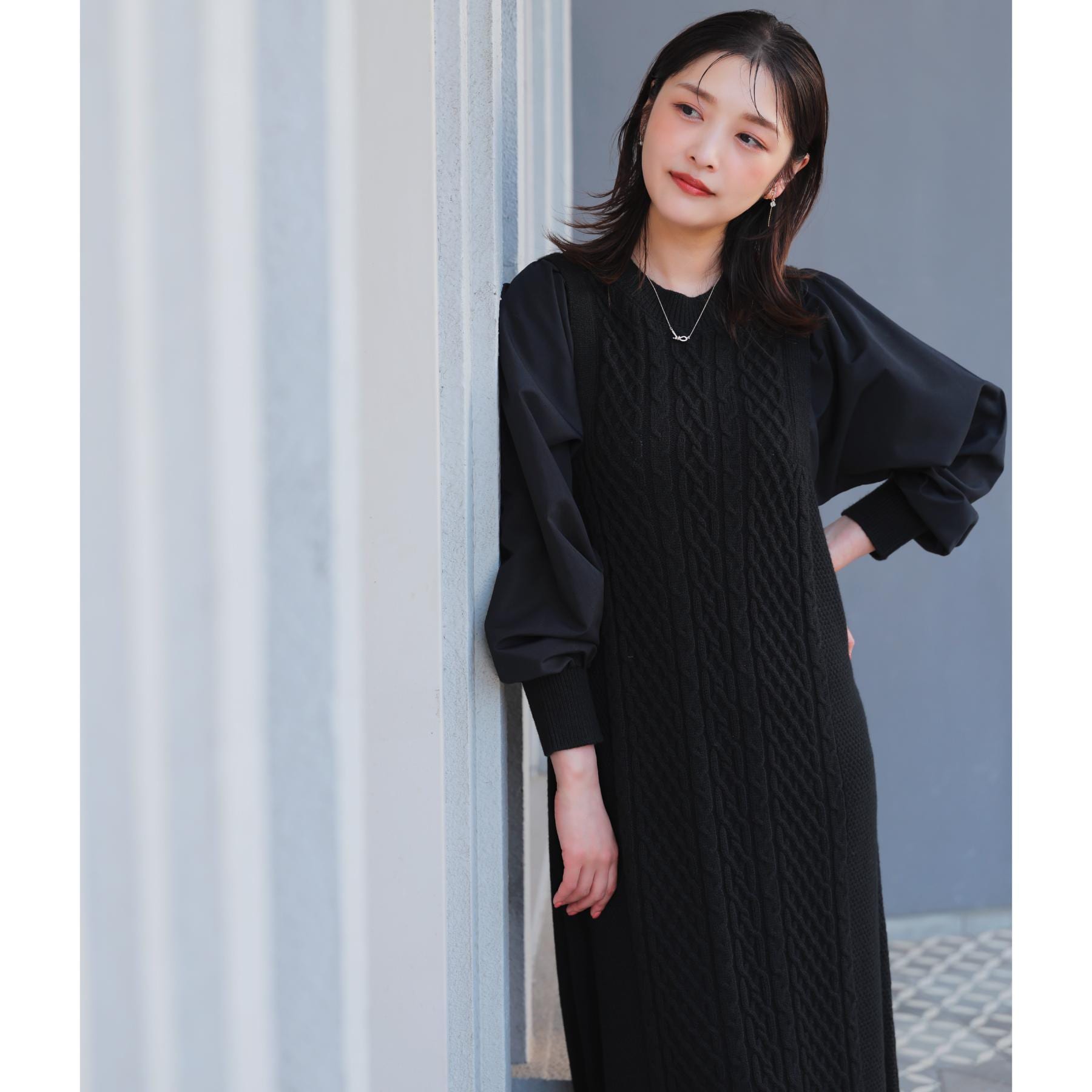 グローブ grove 袖布帛コンビケーブルニットワンピース （グレー(012)） グレー(012)