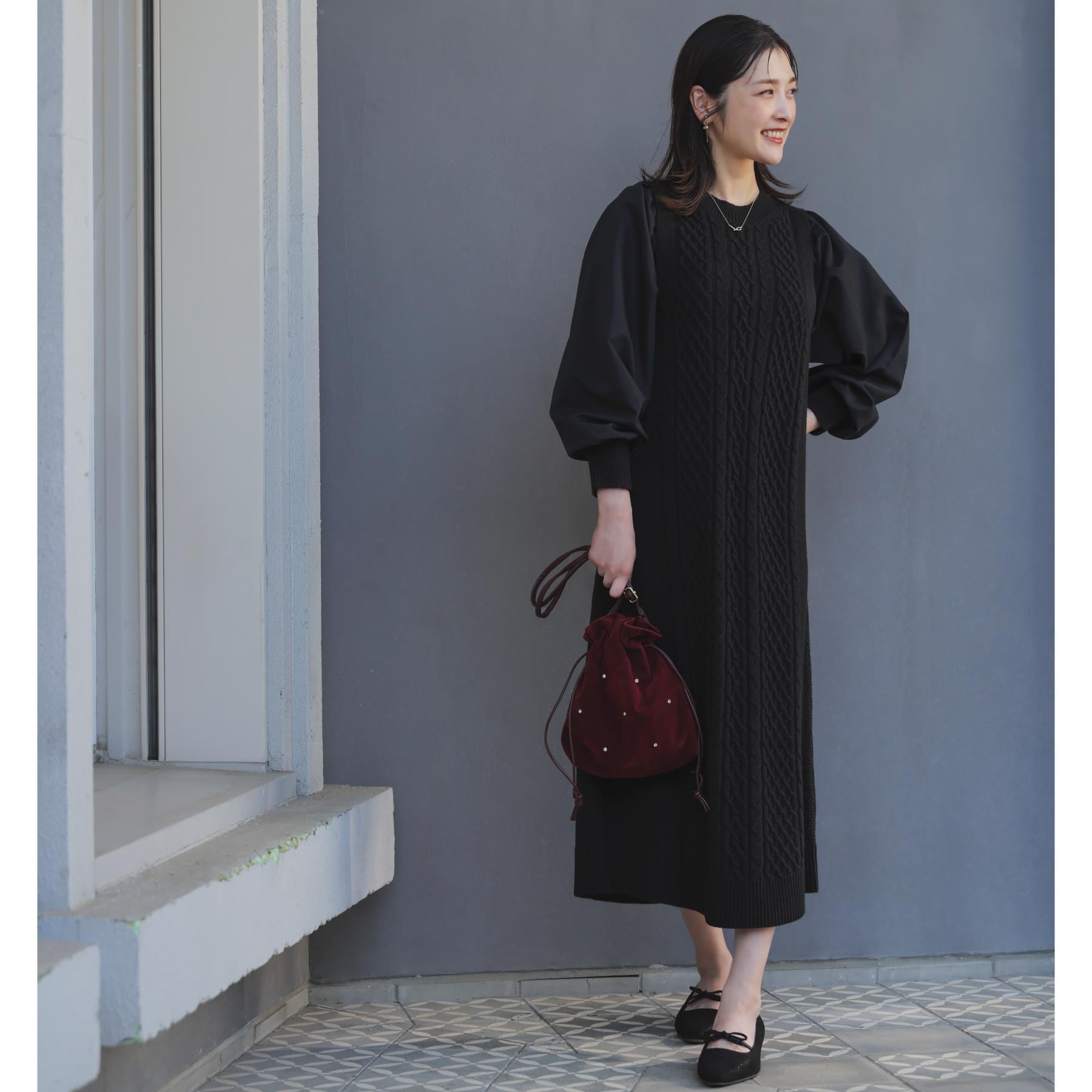 グローブ grove 袖布帛コンビケーブルニットワンピース （グレー(012)） グレー(012)