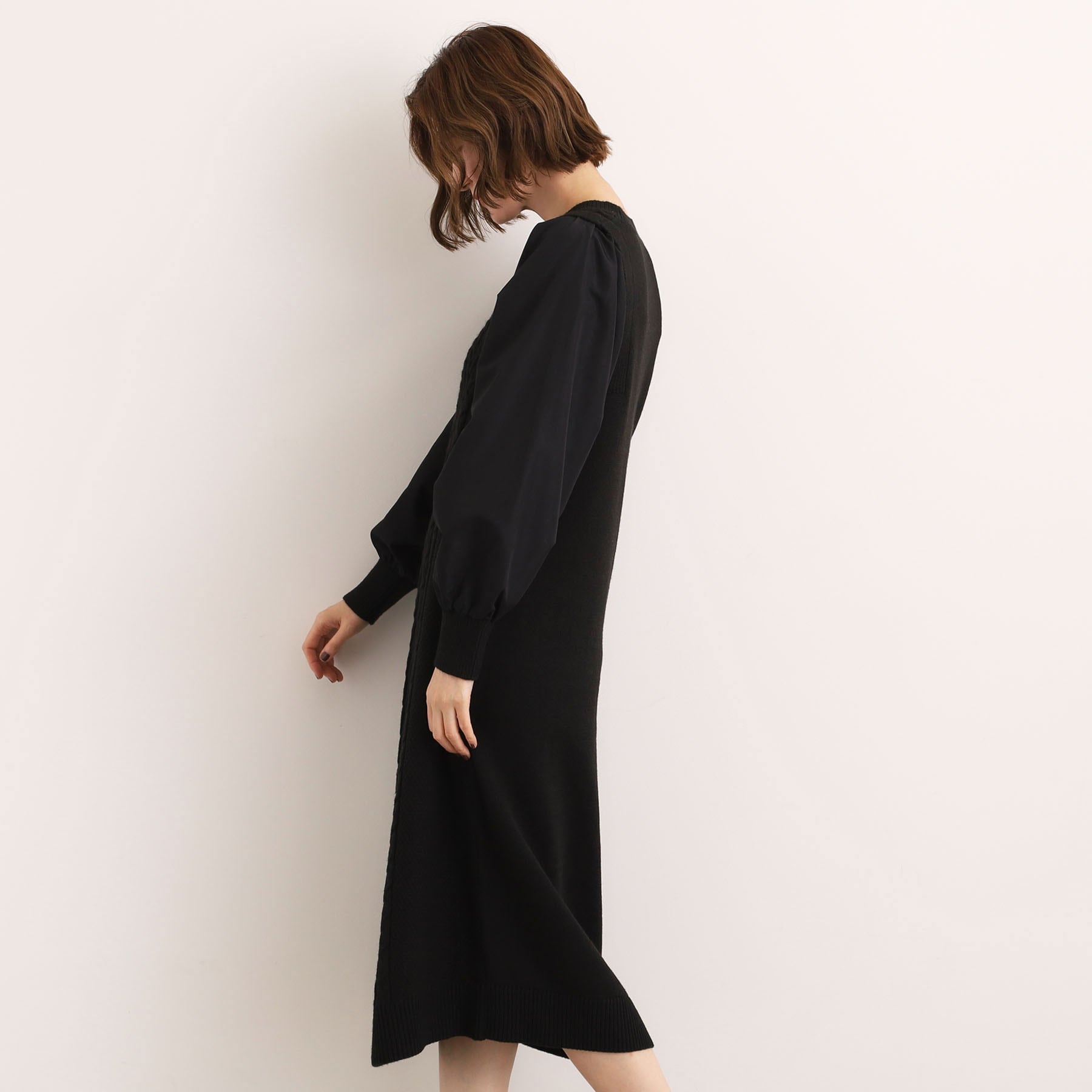 グローブ grove 袖布帛コンビケーブルニットワンピース （ブラック(019)） ブラック(019)