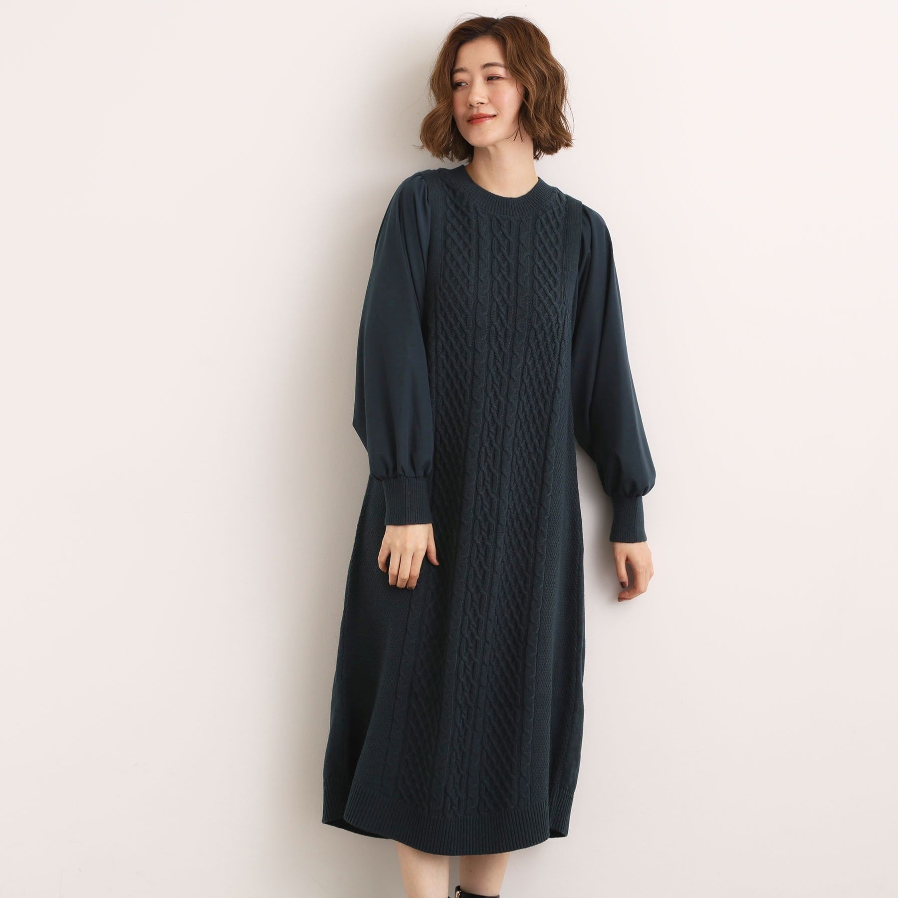 グローブ grove 袖布帛コンビケーブルニットワンピース （フォレストグリーン(024)） フォレストグリーン(024)