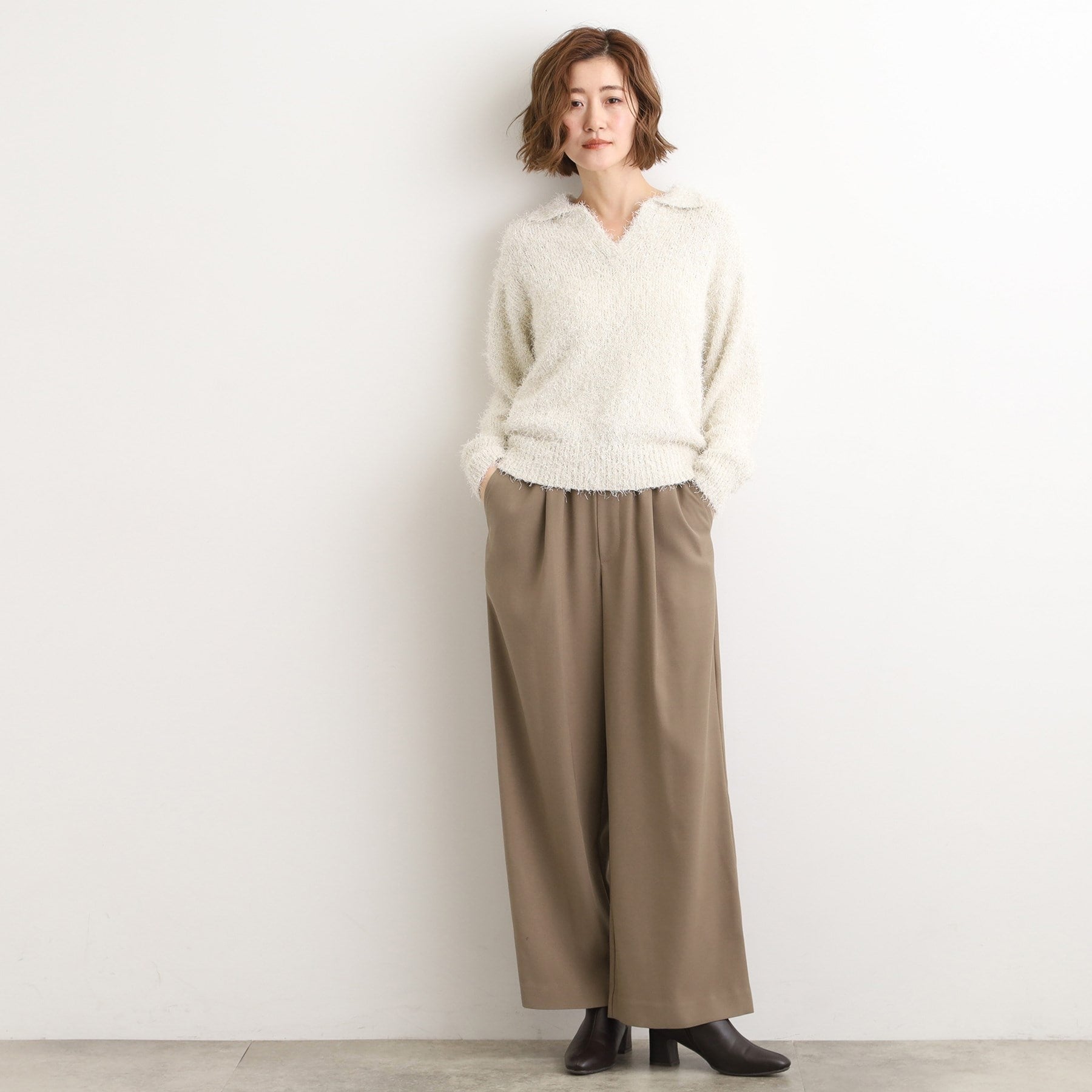 グローブ grove ラメフェザーヤーン オープンカラーニット （オフホワイト(003)） オフホワイト(003)