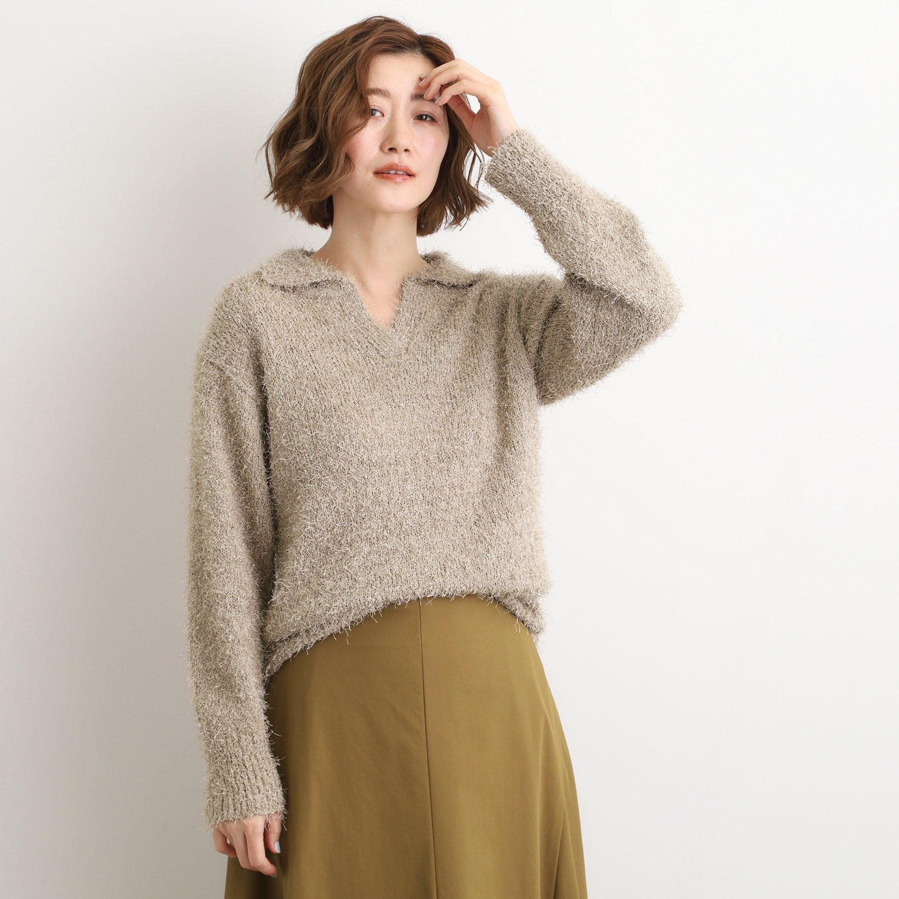 グローブ grove ラメフェザーヤーン オープンカラーニット （オフホワイト(003)） オフホワイト(003)