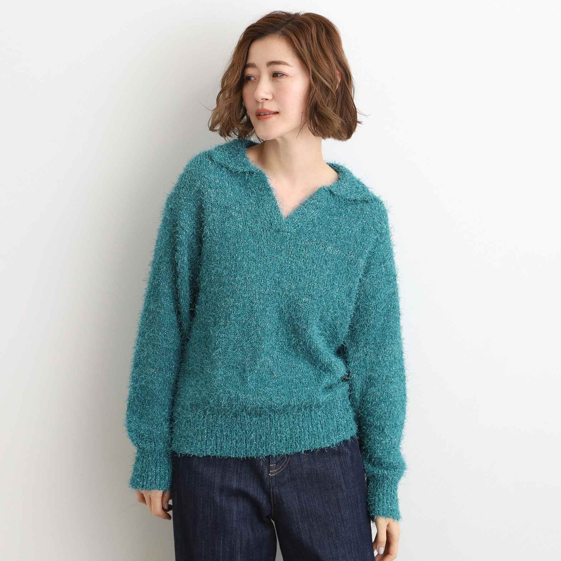 グローブ grove ラメフェザーヤーン オープンカラーニット （オフホワイト(003)） オフホワイト(003)