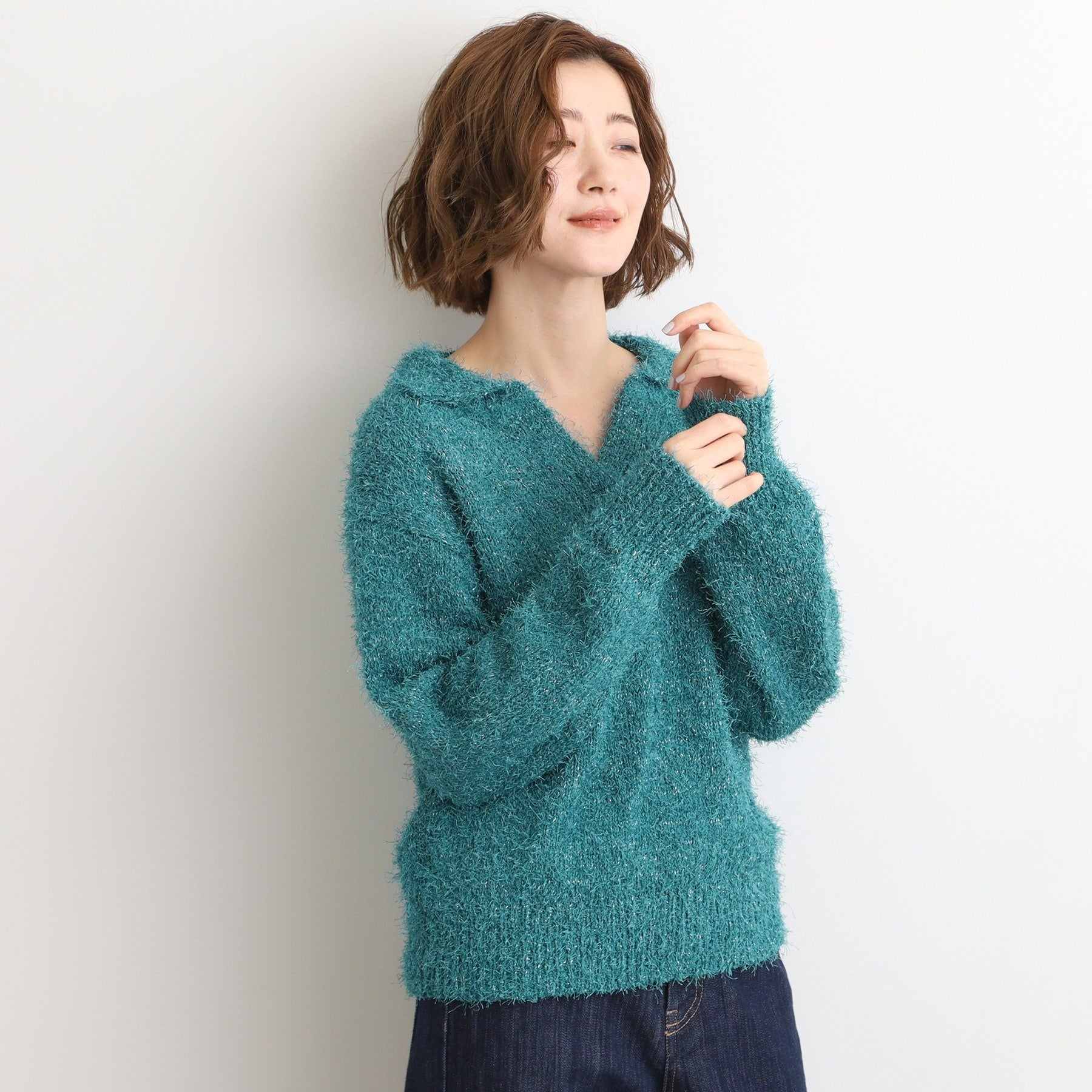 グローブ grove ラメフェザーヤーン オープンカラーニット （オフホワイト(003)） オフホワイト(003)