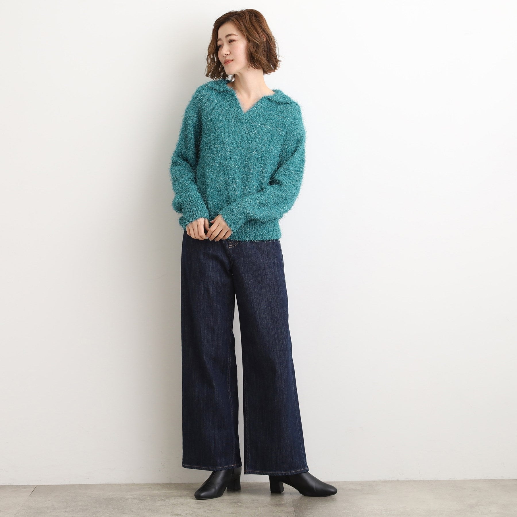 グローブ grove ラメフェザーヤーン オープンカラーニット （オフホワイト(003)） オフホワイト(003)