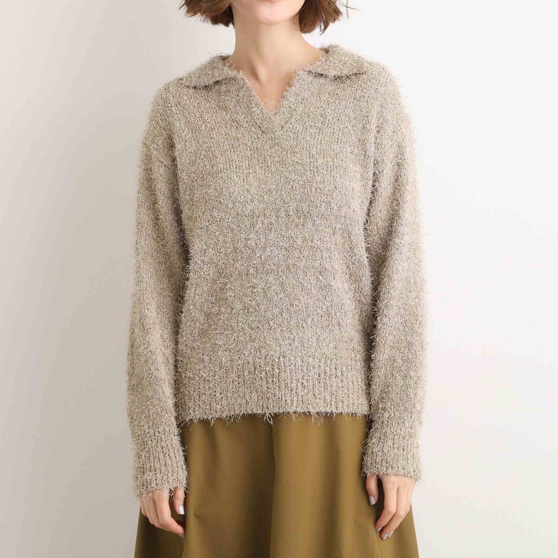 グローブ grove ラメフェザーヤーン オープンカラーニット （オフホワイト(003)） オフホワイト(003)