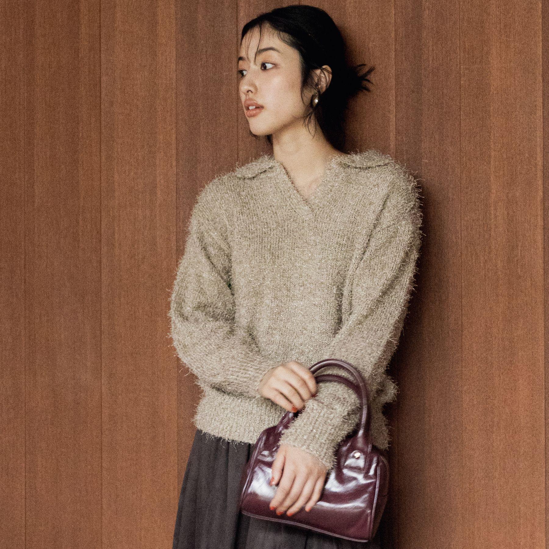 グローブ grove ラメフェザーヤーン オープンカラーニット （オフホワイト(003)） オフホワイト(003)