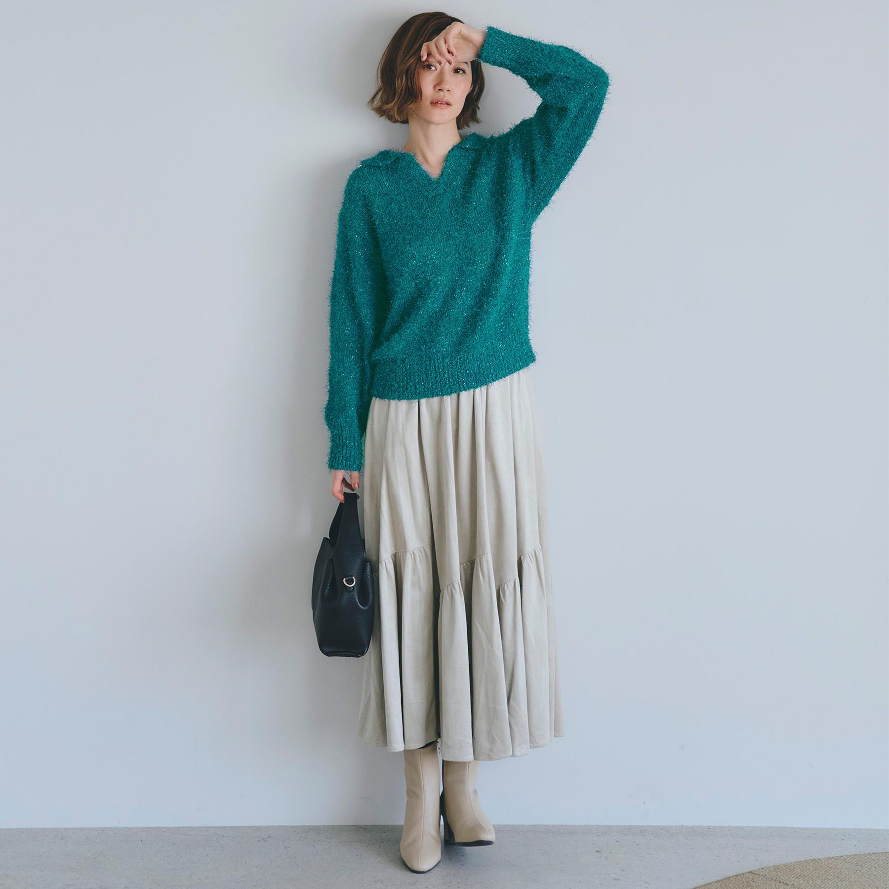 グローブ grove ラメフェザーヤーン オープンカラーニット （オフホワイト(003)） オフホワイト(003)