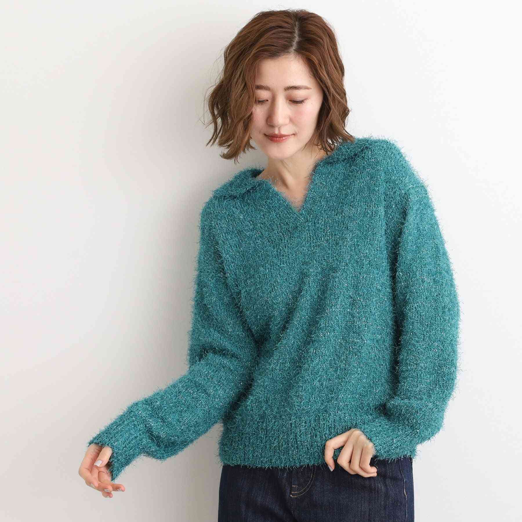 グローブ grove ラメフェザーヤーン オープンカラーニット （グリーン(092)） グリーン(092)