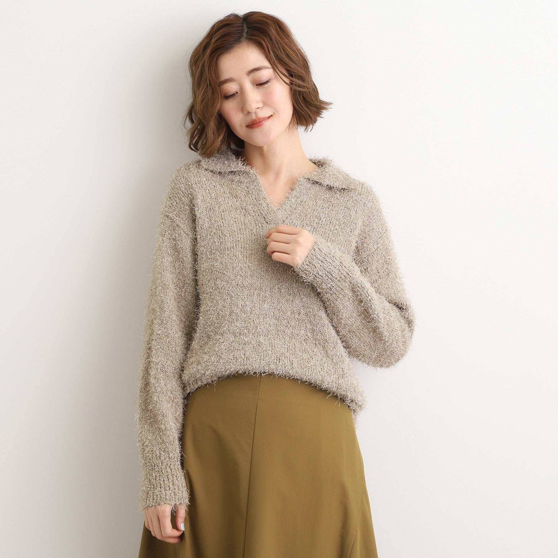 グローブ grove ラメフェザーヤーン オープンカラーニット （グレージュ(051)） グレージュ(051)