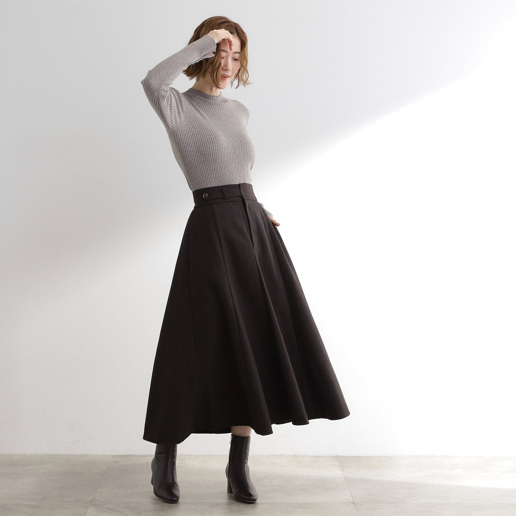 グローブ grove へリンボンツイードフレアマキシスカート （ブラウン(044)） ブラウン(044)